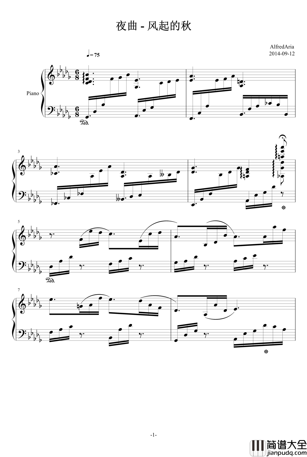 风起的秋钢琴谱_夜曲_AlfredAria