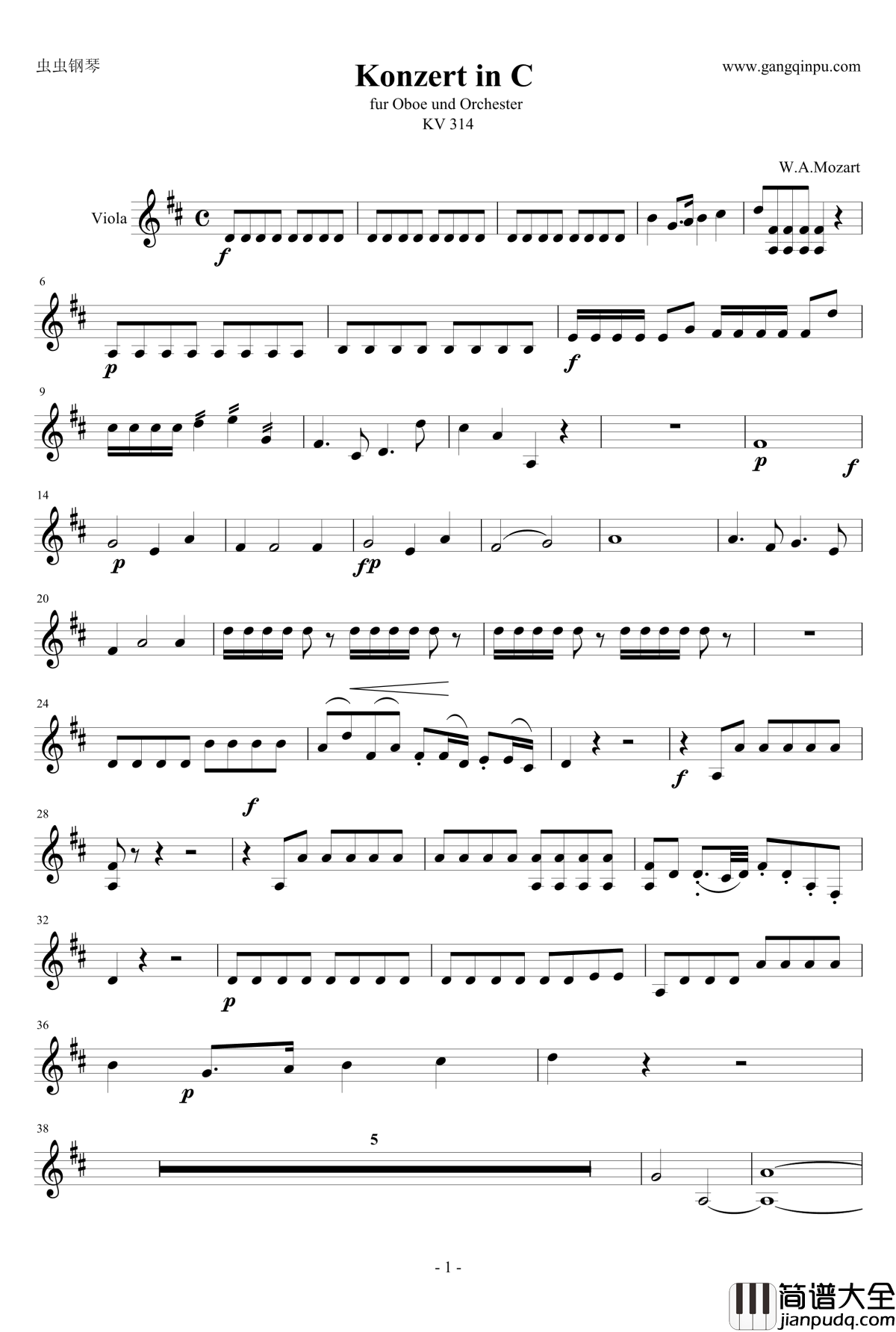 C大调双簧管协奏曲第一乐章钢琴谱_中提分谱_单簧管版_莫扎特
