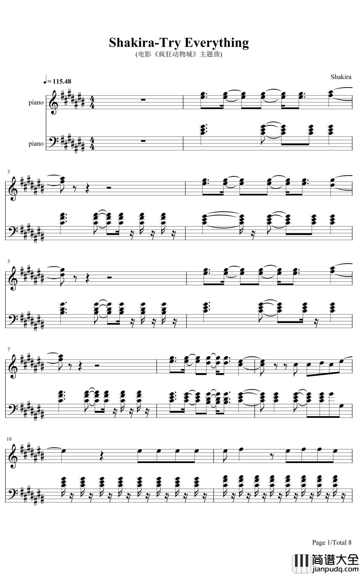 Try_Everything钢琴谱_Shakira__疯狂动物城_主题曲
