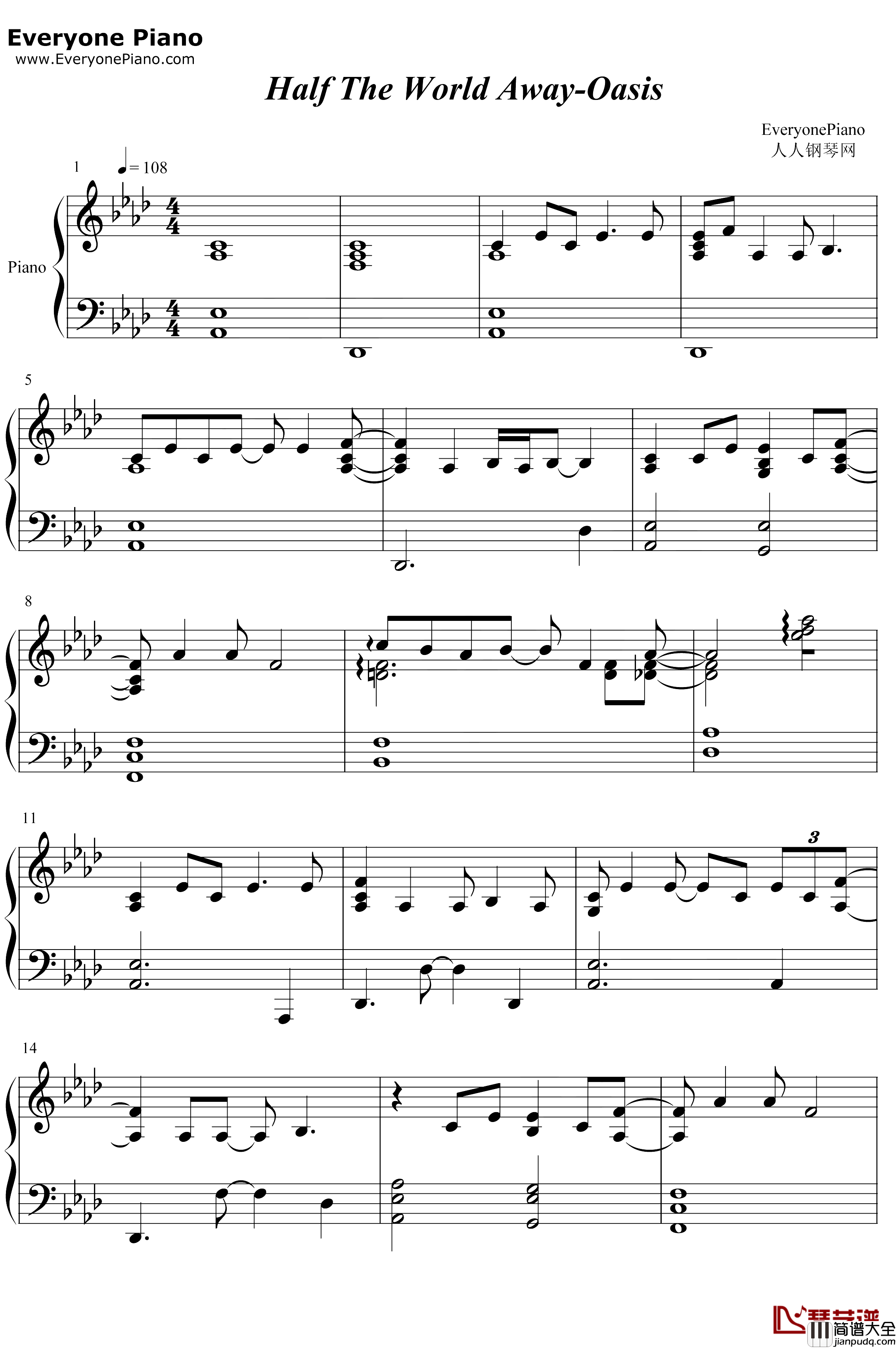 Half_The_World_Away钢琴谱_Oasis