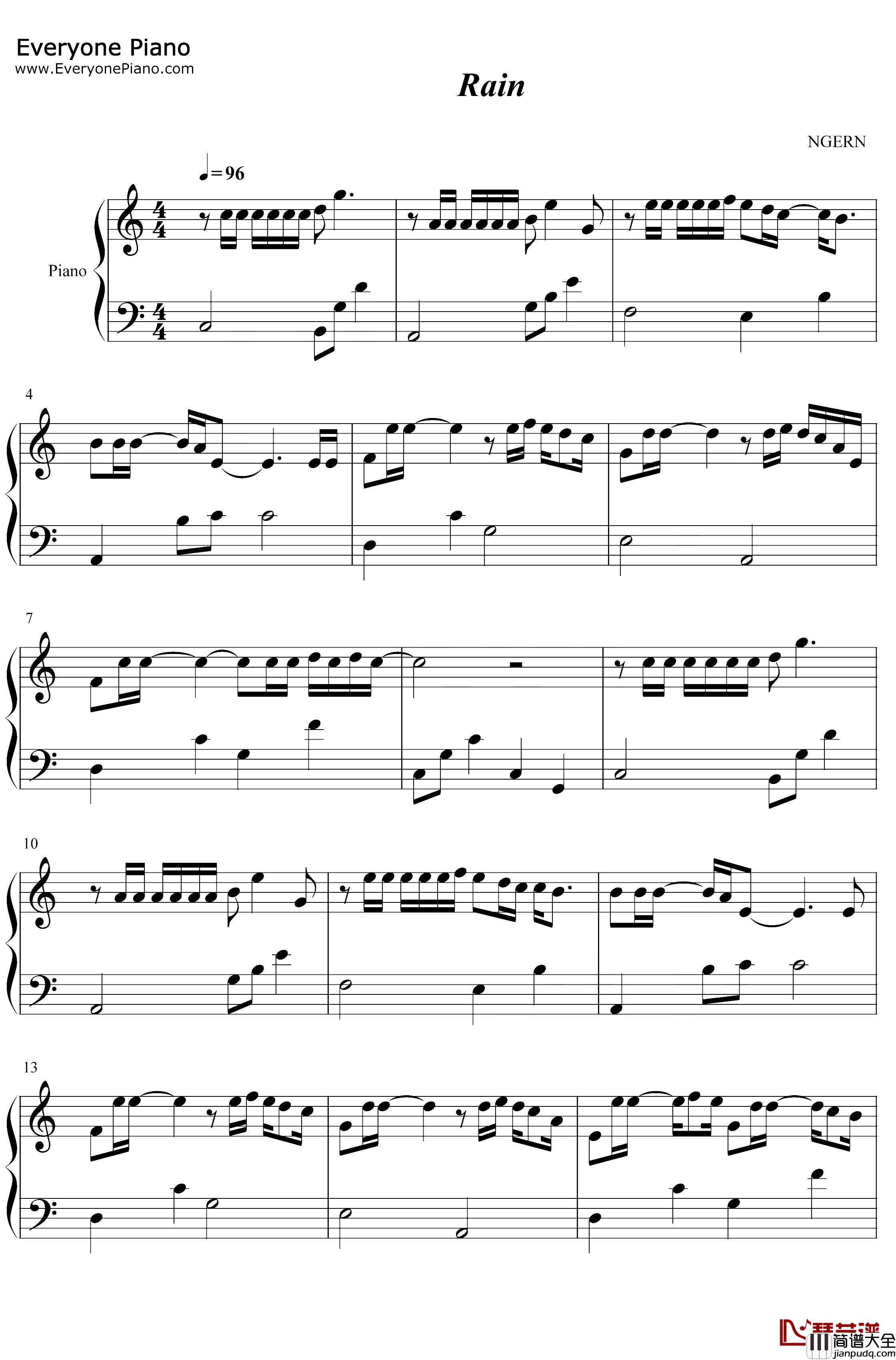 Rain钢琴谱_秦基博_C调简单版_言叶之庭主题曲