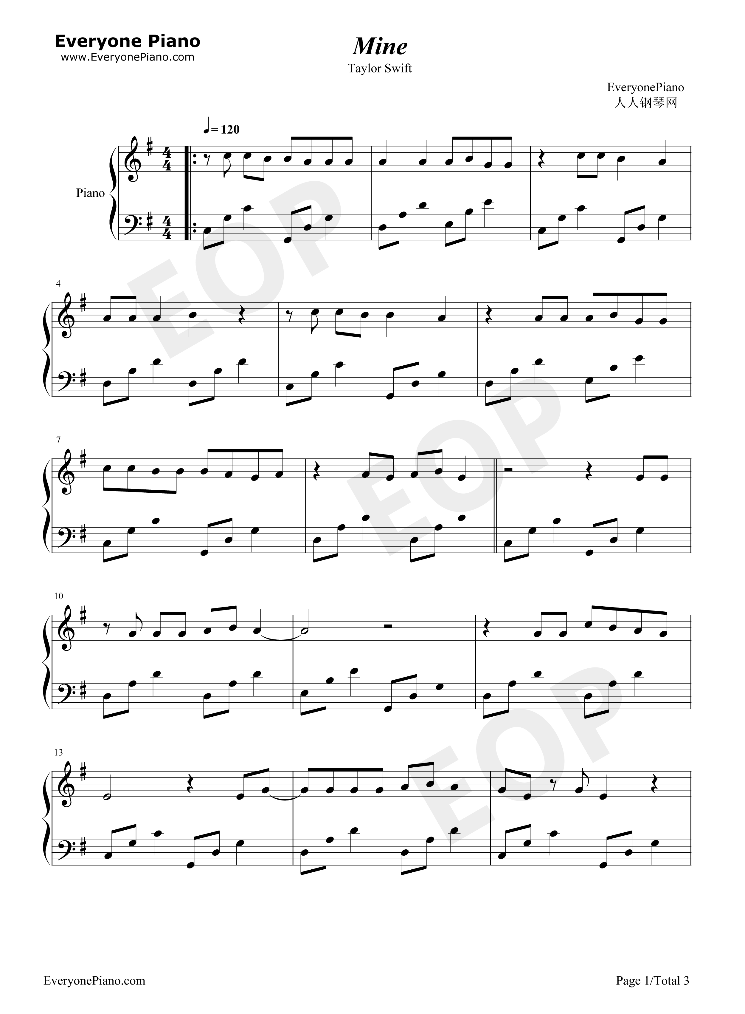 Mine钢琴谱_Taylor_Swift