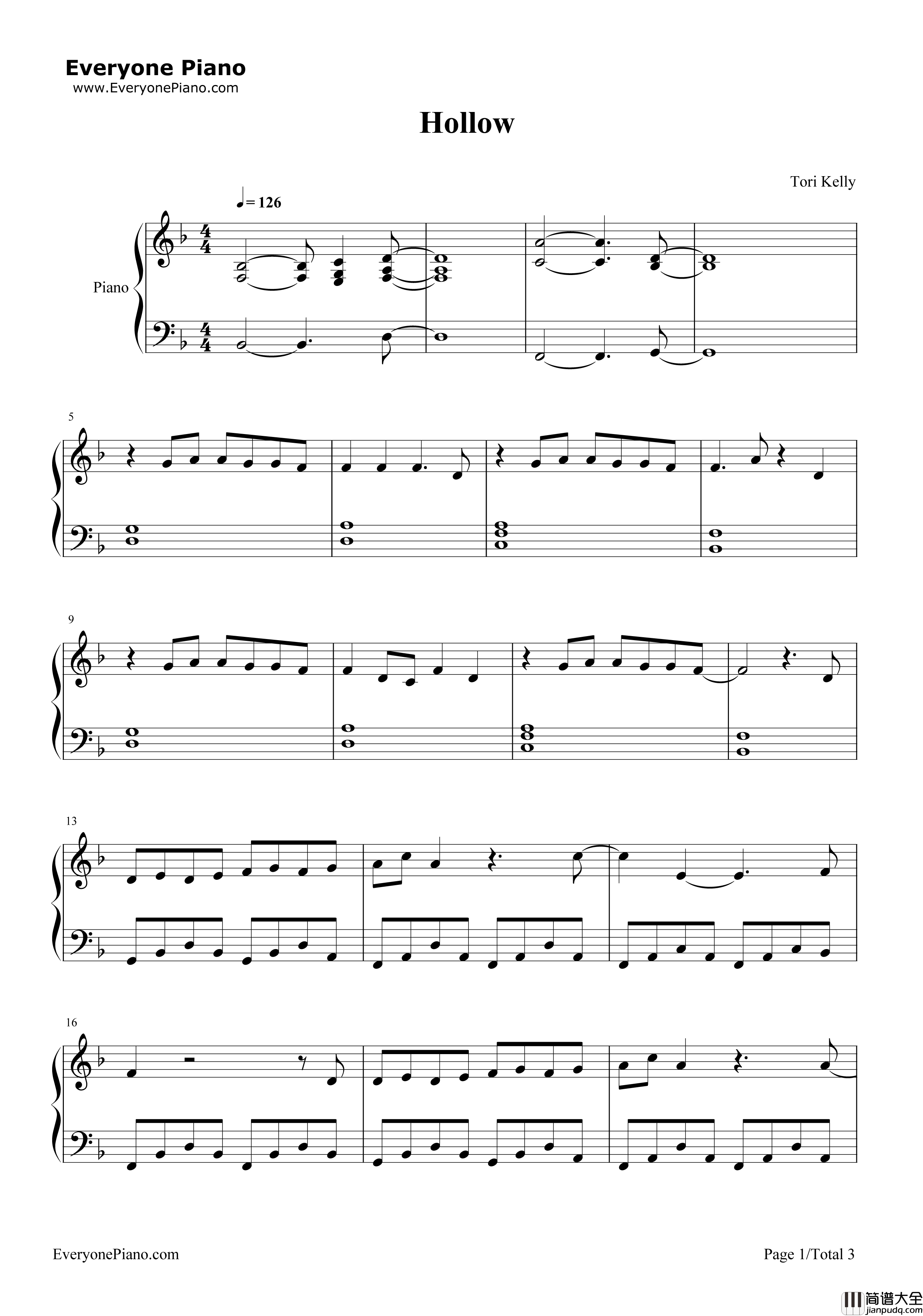 Hollow钢琴谱_Tori_Kelly