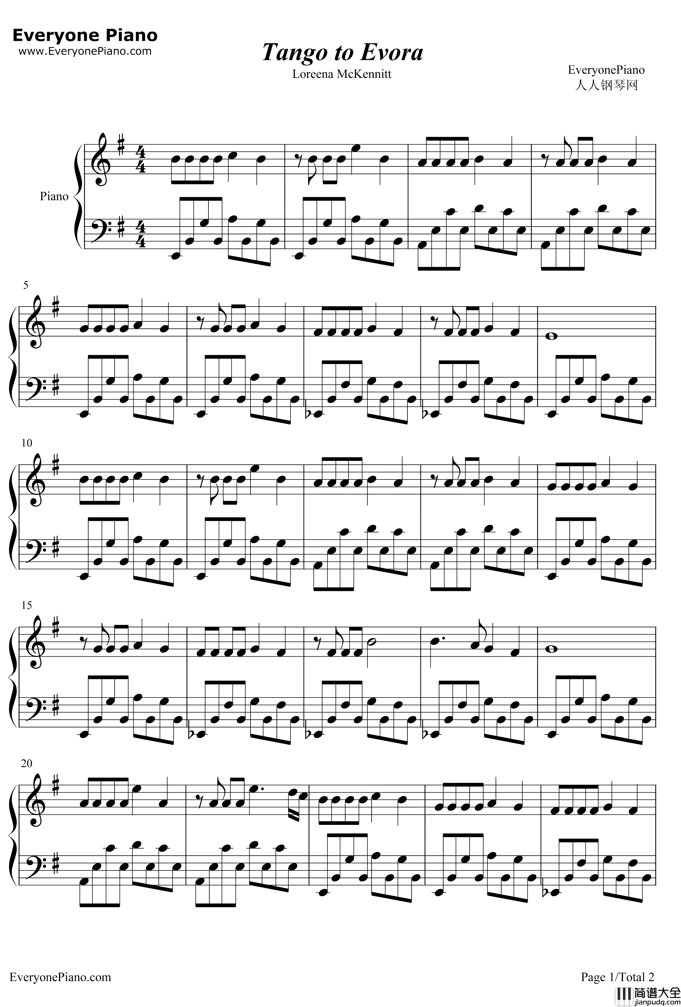 Tango_to_Evora钢琴谱_Loreena_McKennitt