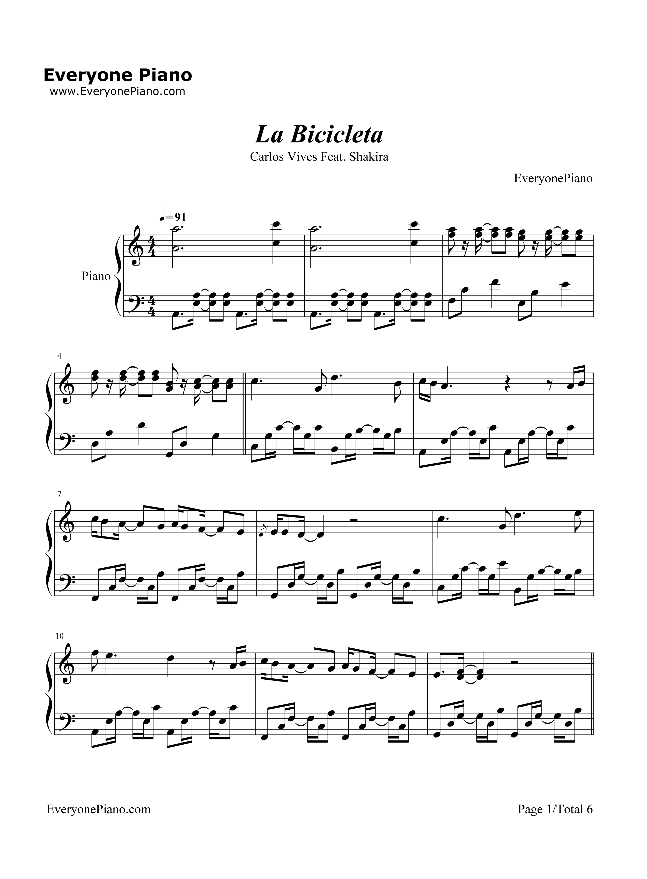 La_Bicicleta钢琴谱_Carlos_Vives_ft._Shakira