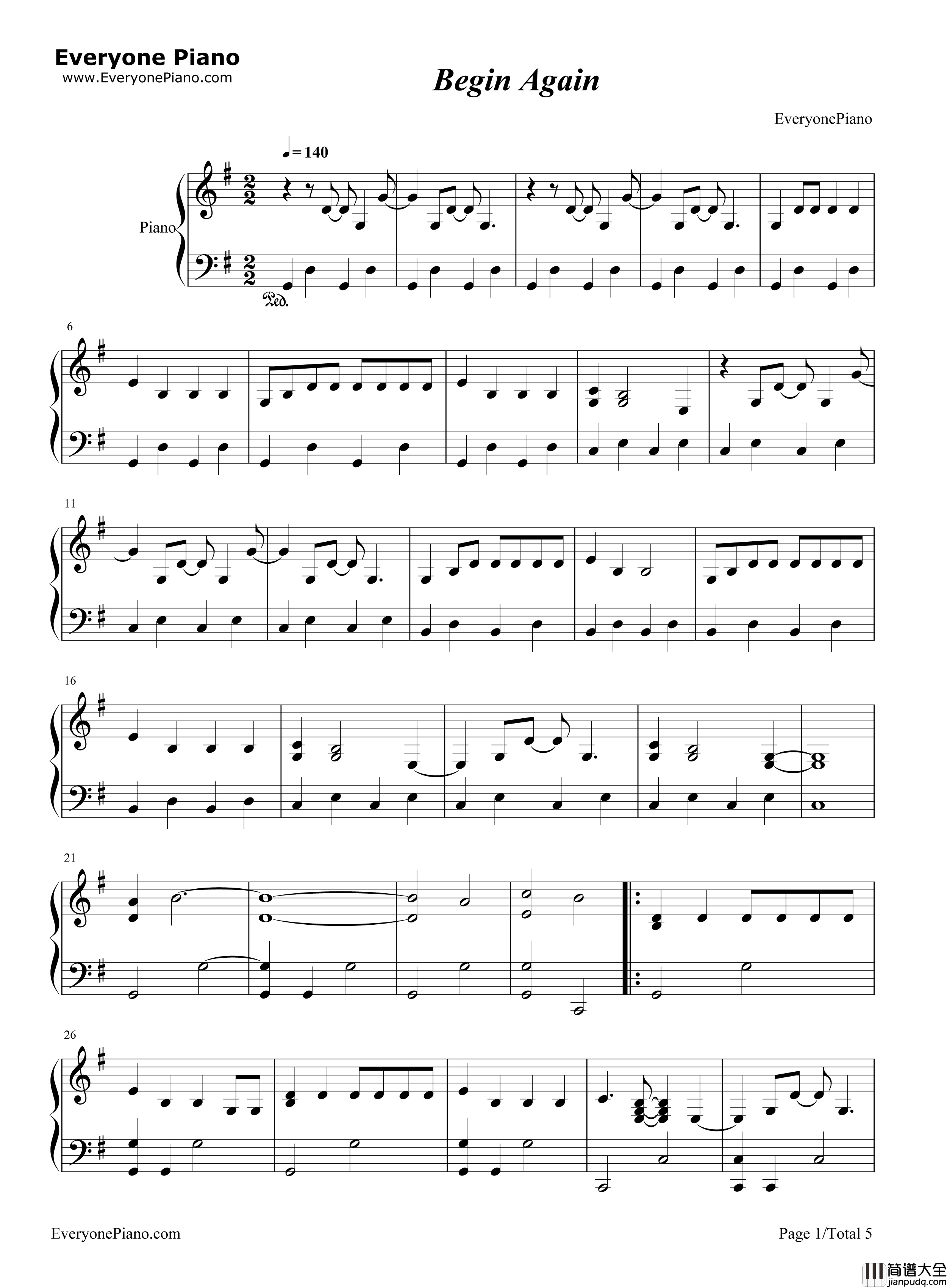 Begin_Again钢琴谱_Taylor_Swift