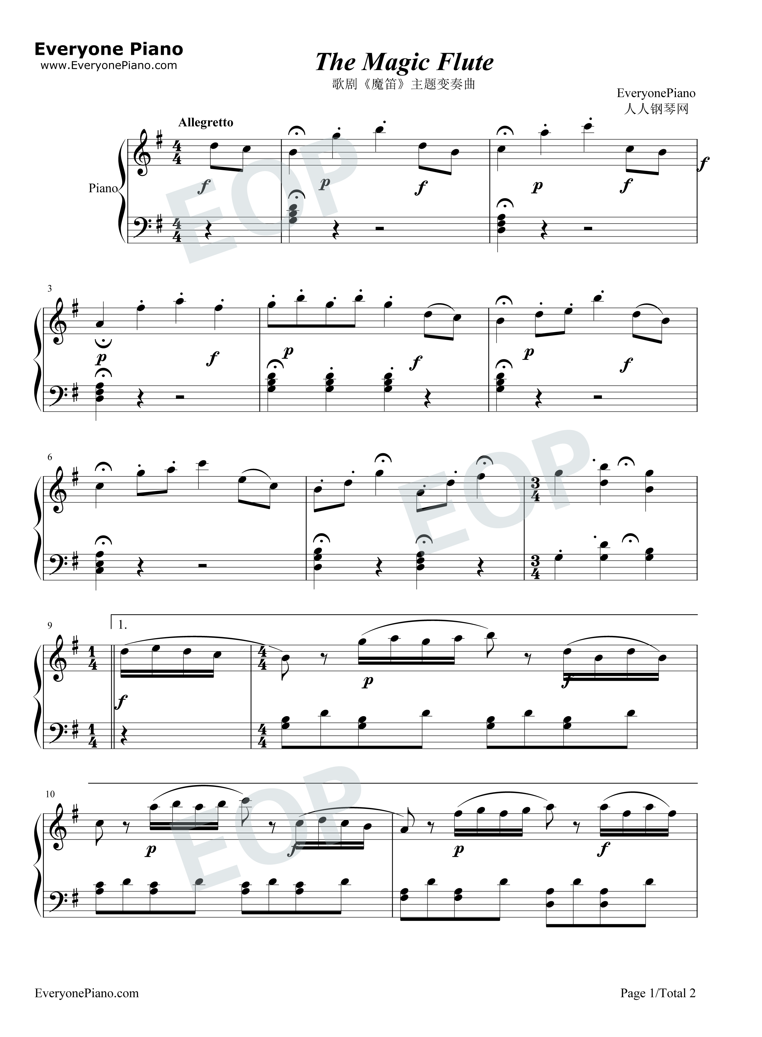 魔笛钢琴谱_莫扎特__Mozart