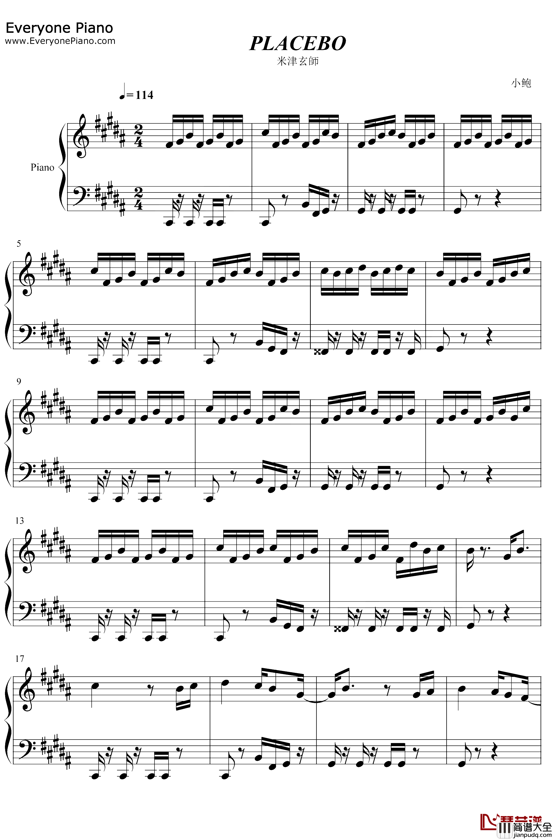 PLACEBO钢琴谱_米津玄師野田洋次郎_米津玄师与野田洋次郎的神仙合作