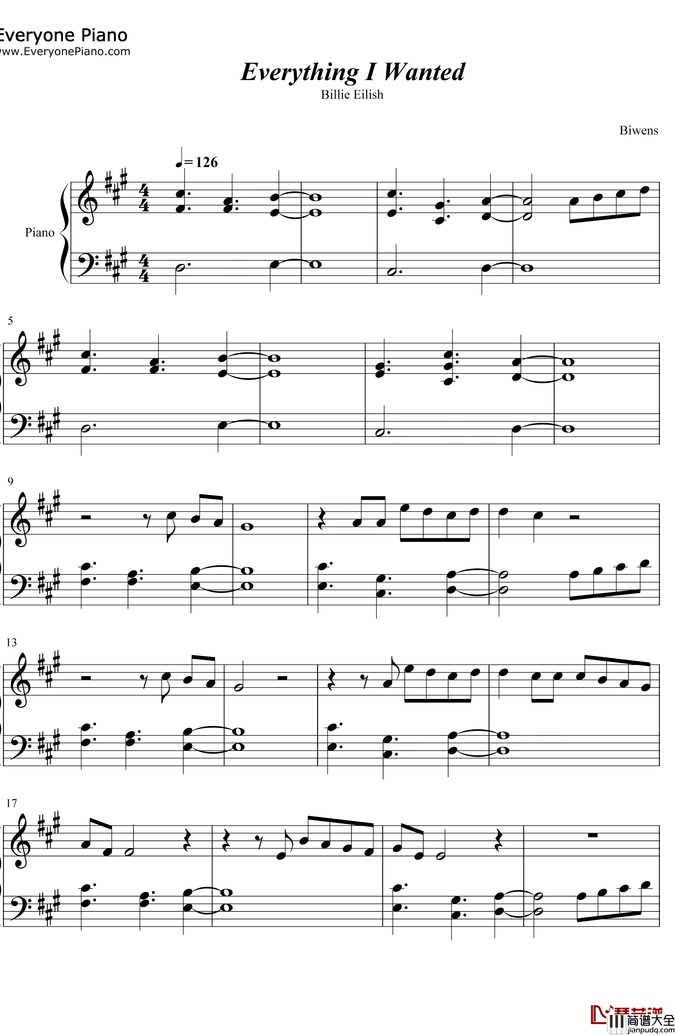 Everything_I_Wanted钢琴谱_BillieEilish