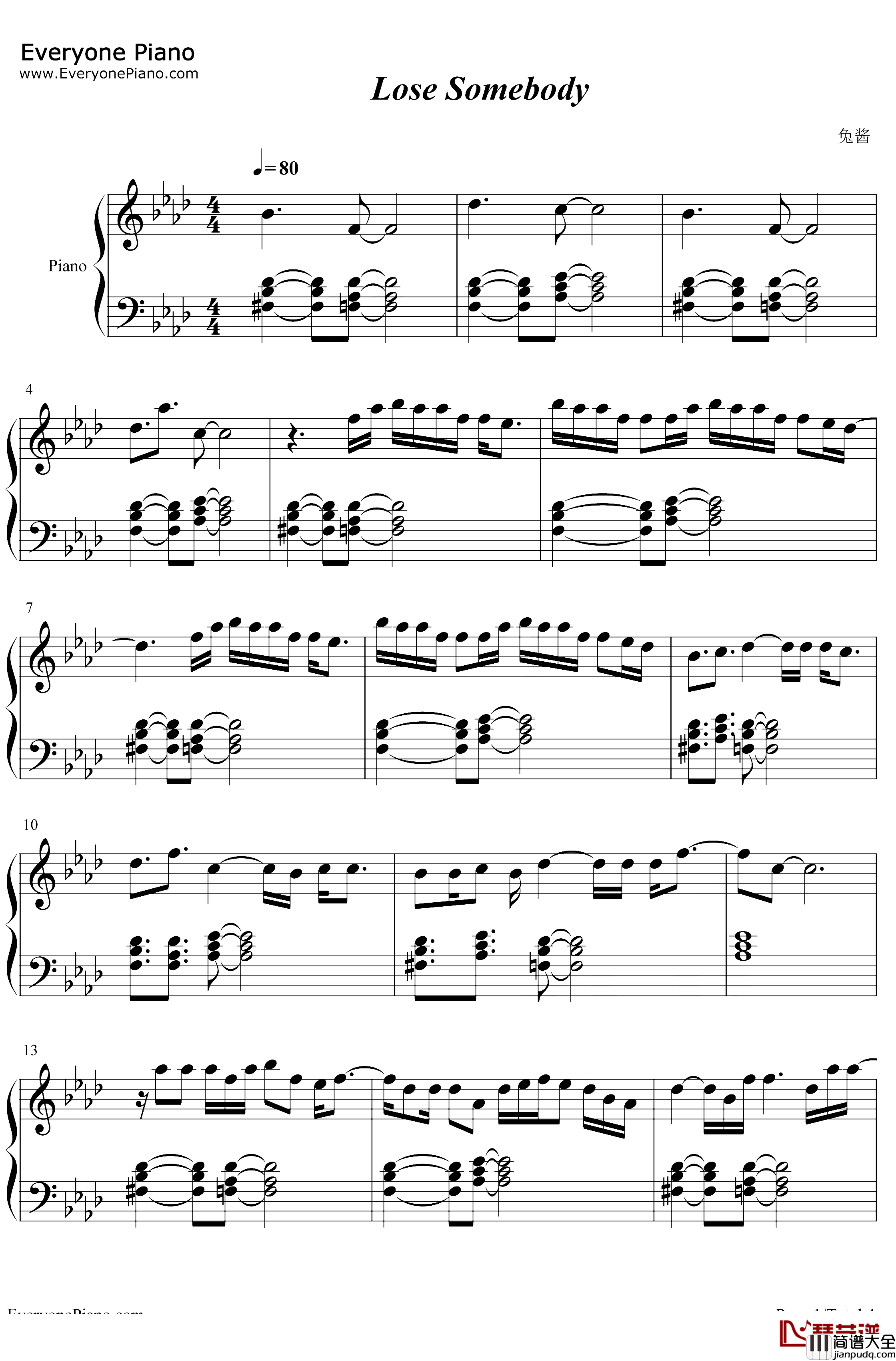 Lose_Somebody钢琴谱_Kygo_OneRepublic