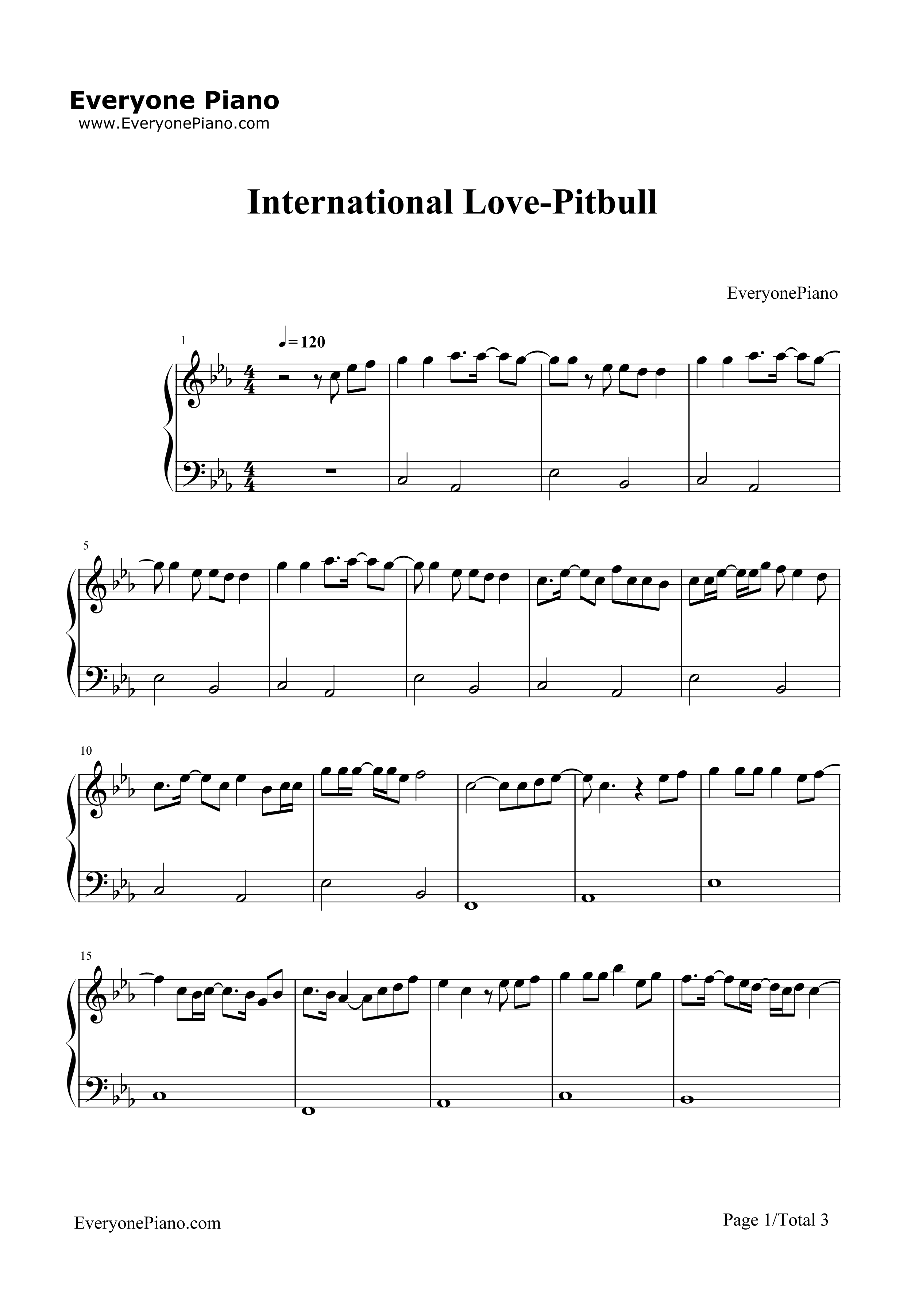 International_Love钢琴谱_Pitbull