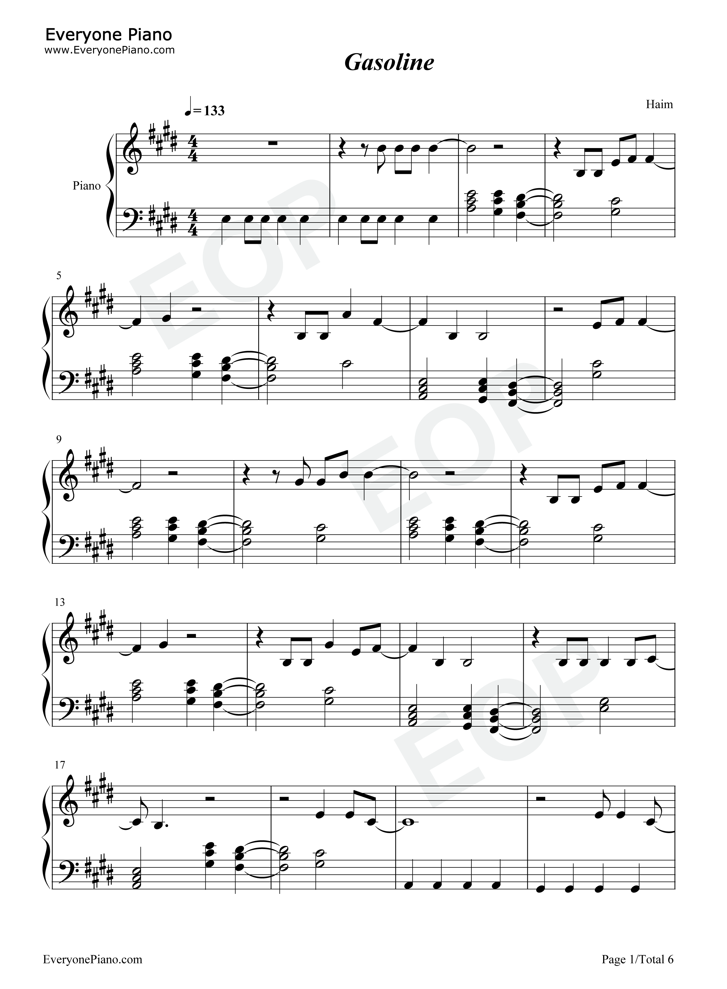 Gasoline钢琴谱_Haim_Taylor_Swift