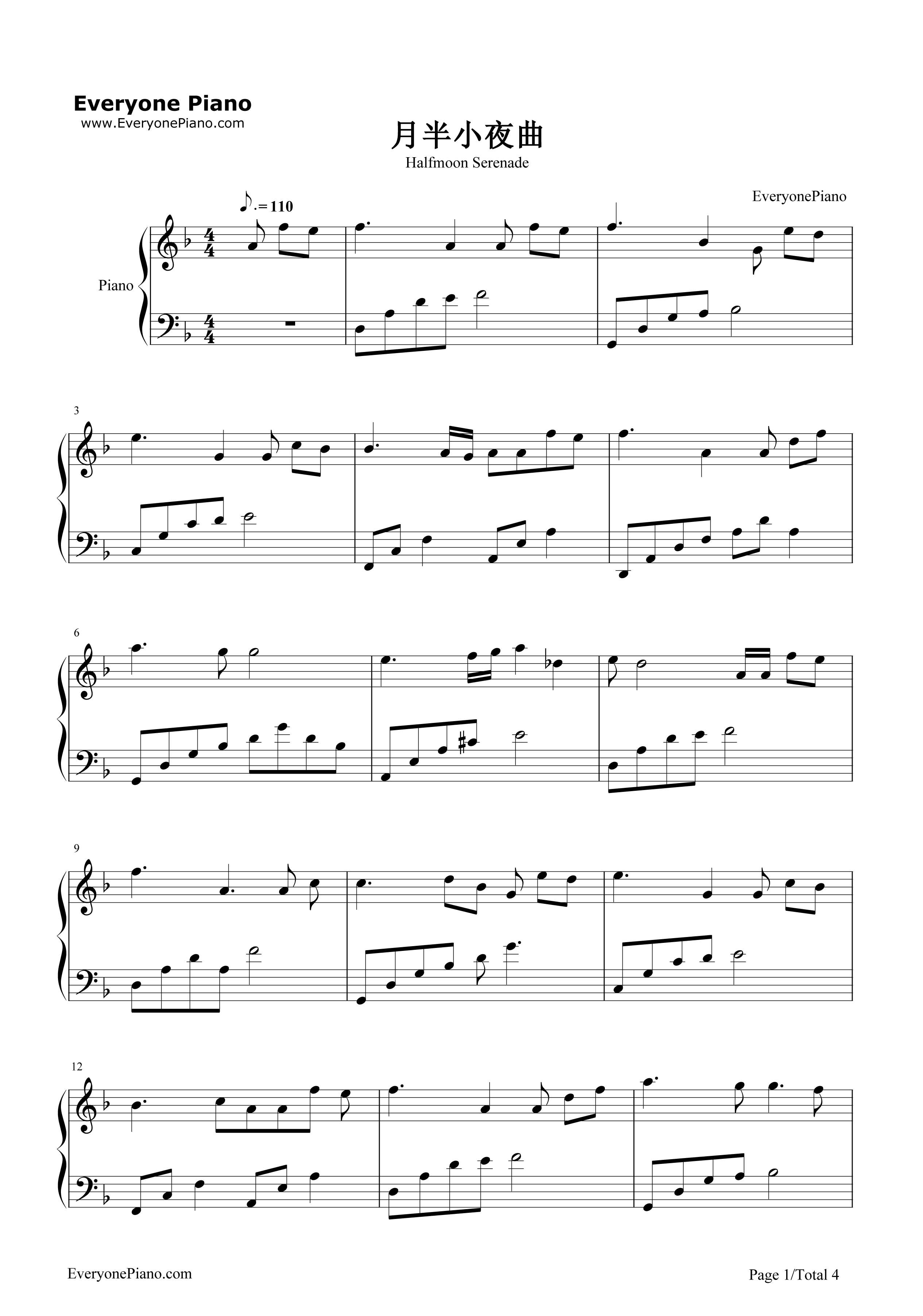 月半小夜曲钢琴谱_李克勤