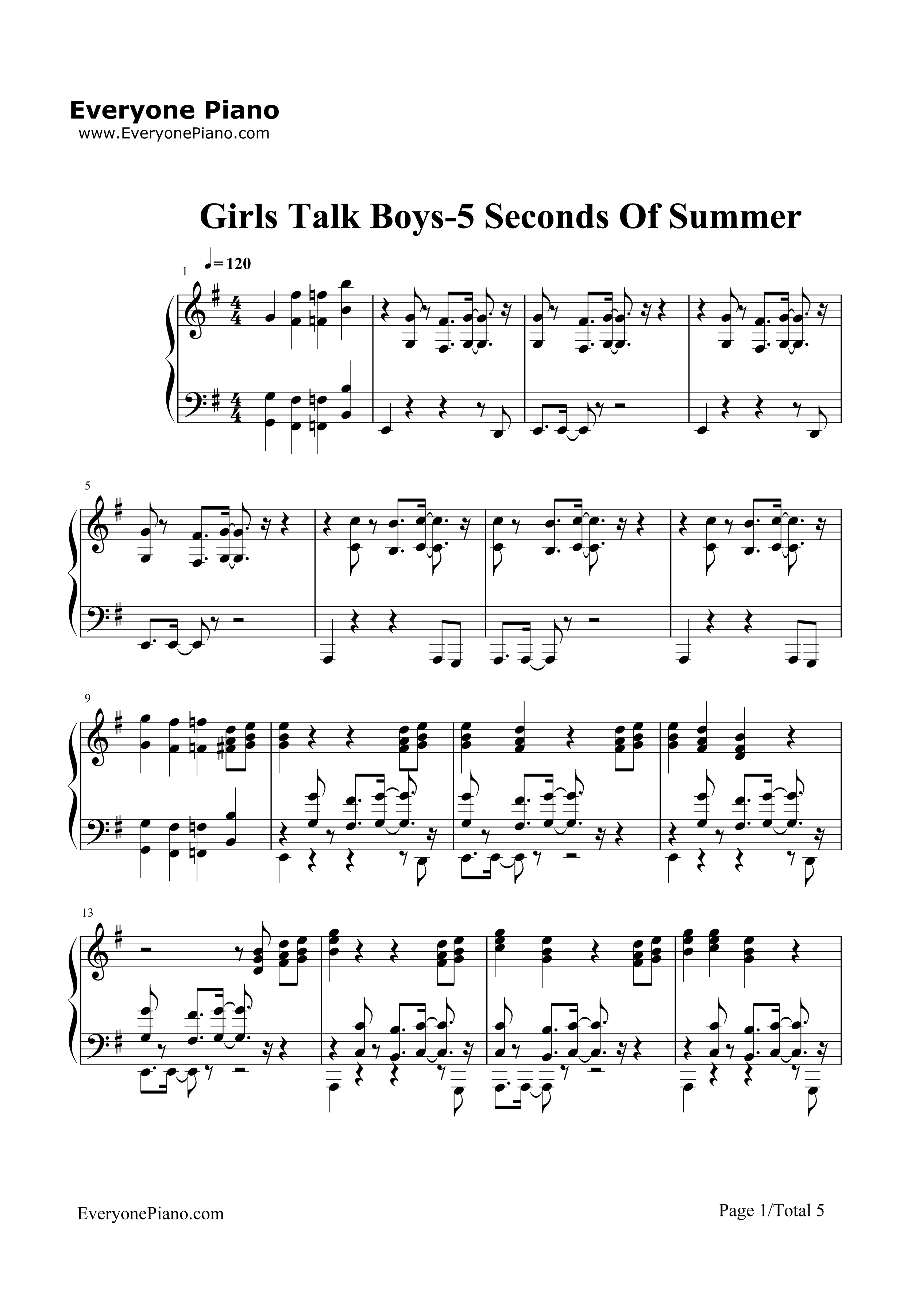 Girls_Talk_Boys钢琴谱_5_Seconds_Of_Summer