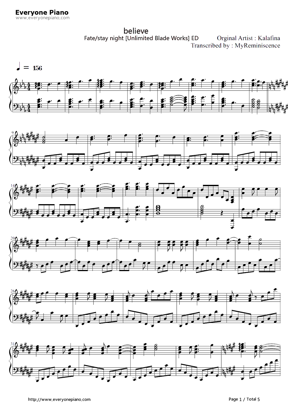 Believe钢琴谱_Kalafina