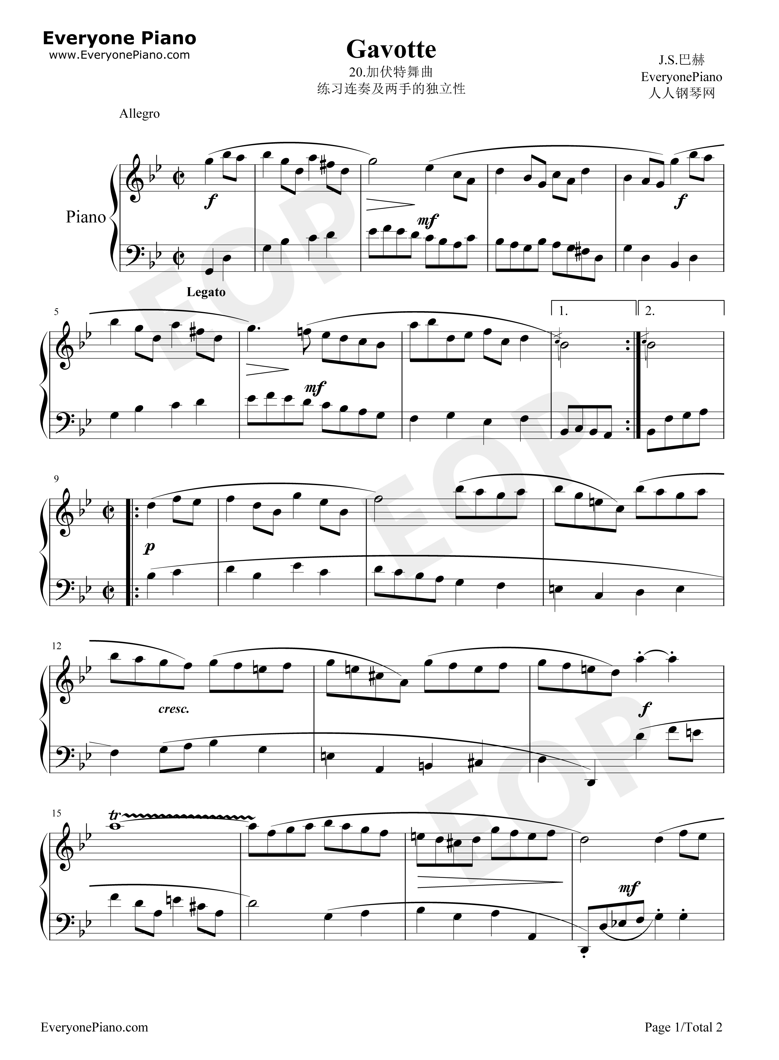 加伏特舞曲_20钢琴谱_巴赫