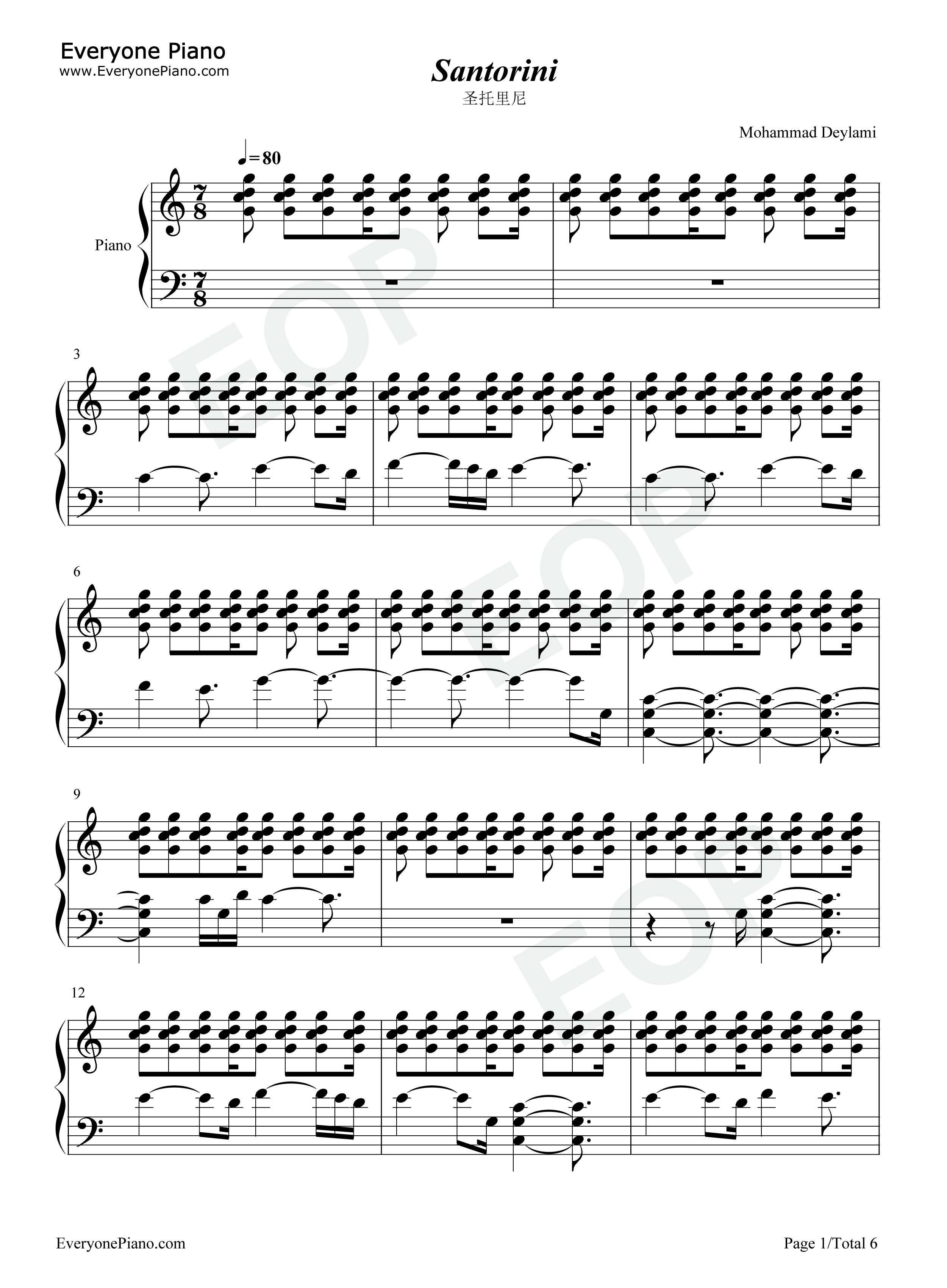 圣托里尼钢琴谱_雅尼_Yanni