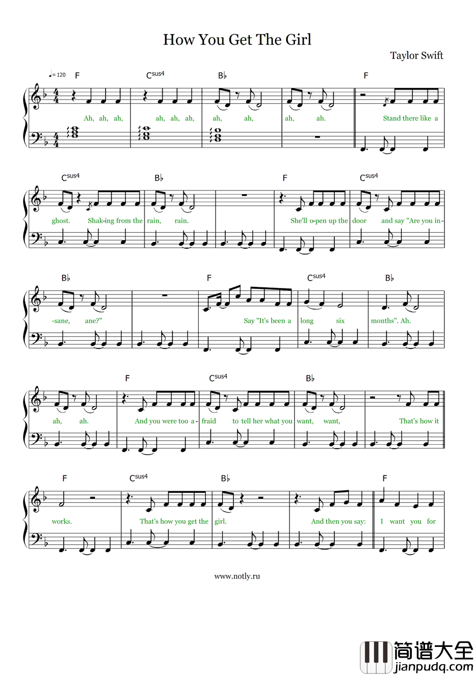 How_You_Get_The_Girl钢琴谱_TaylorSwift
