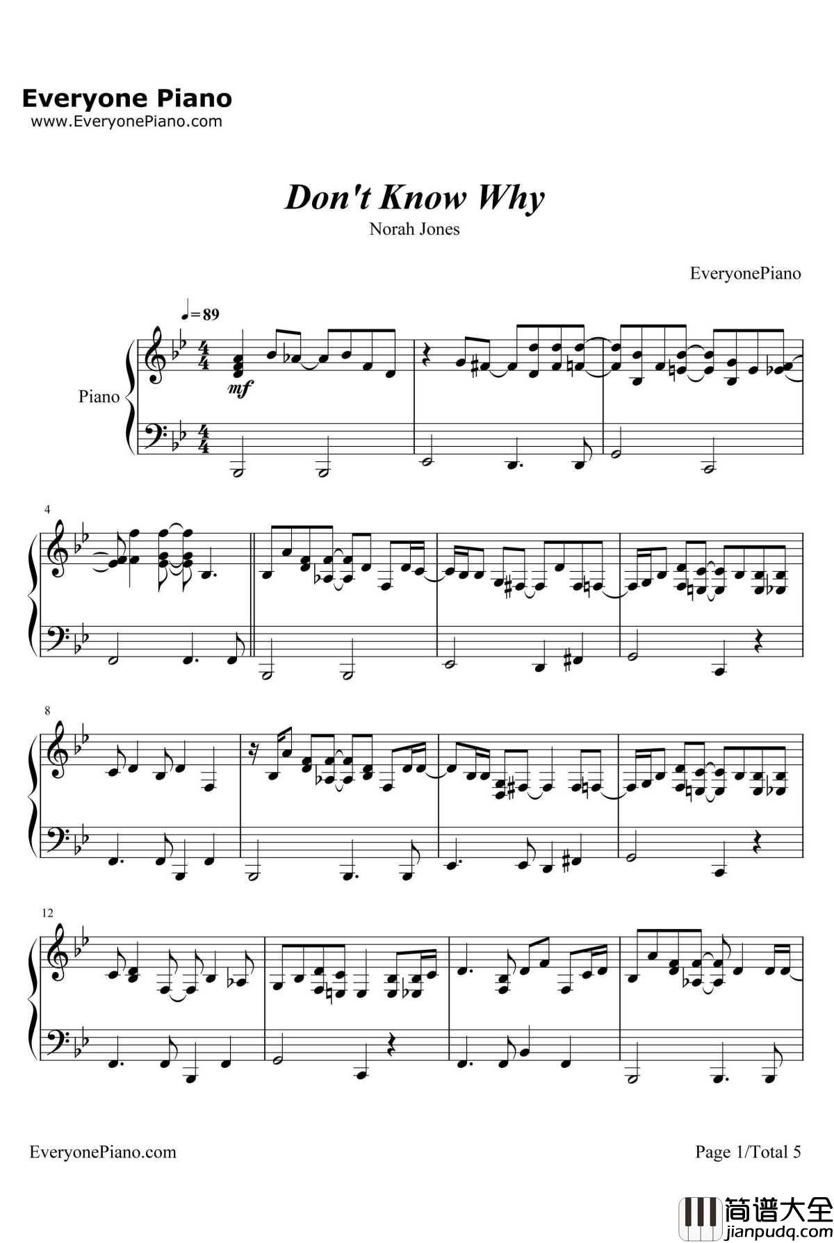 Don't_Know_Why钢琴谱_NorahJones　诺拉·琼斯　