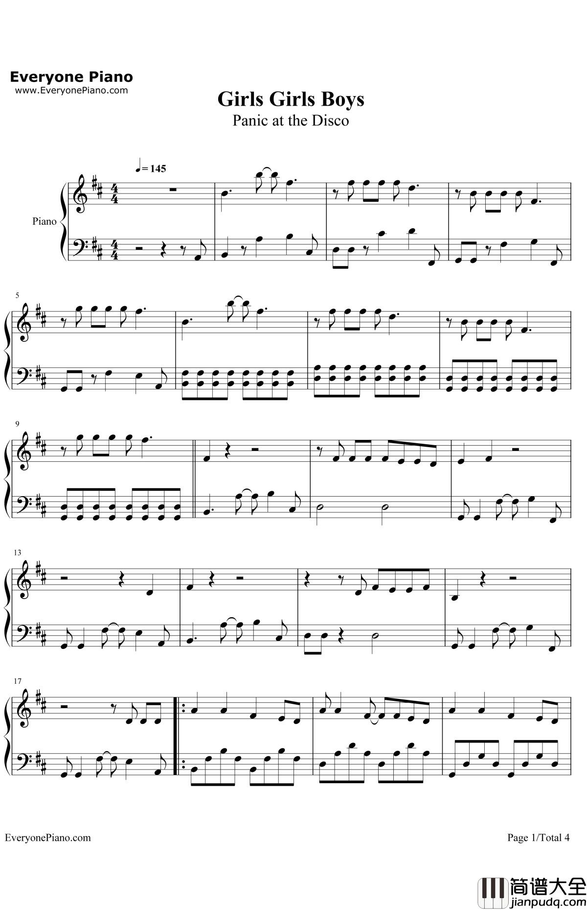 GirlsGirlsBoys钢琴谱_PanicattheDisco