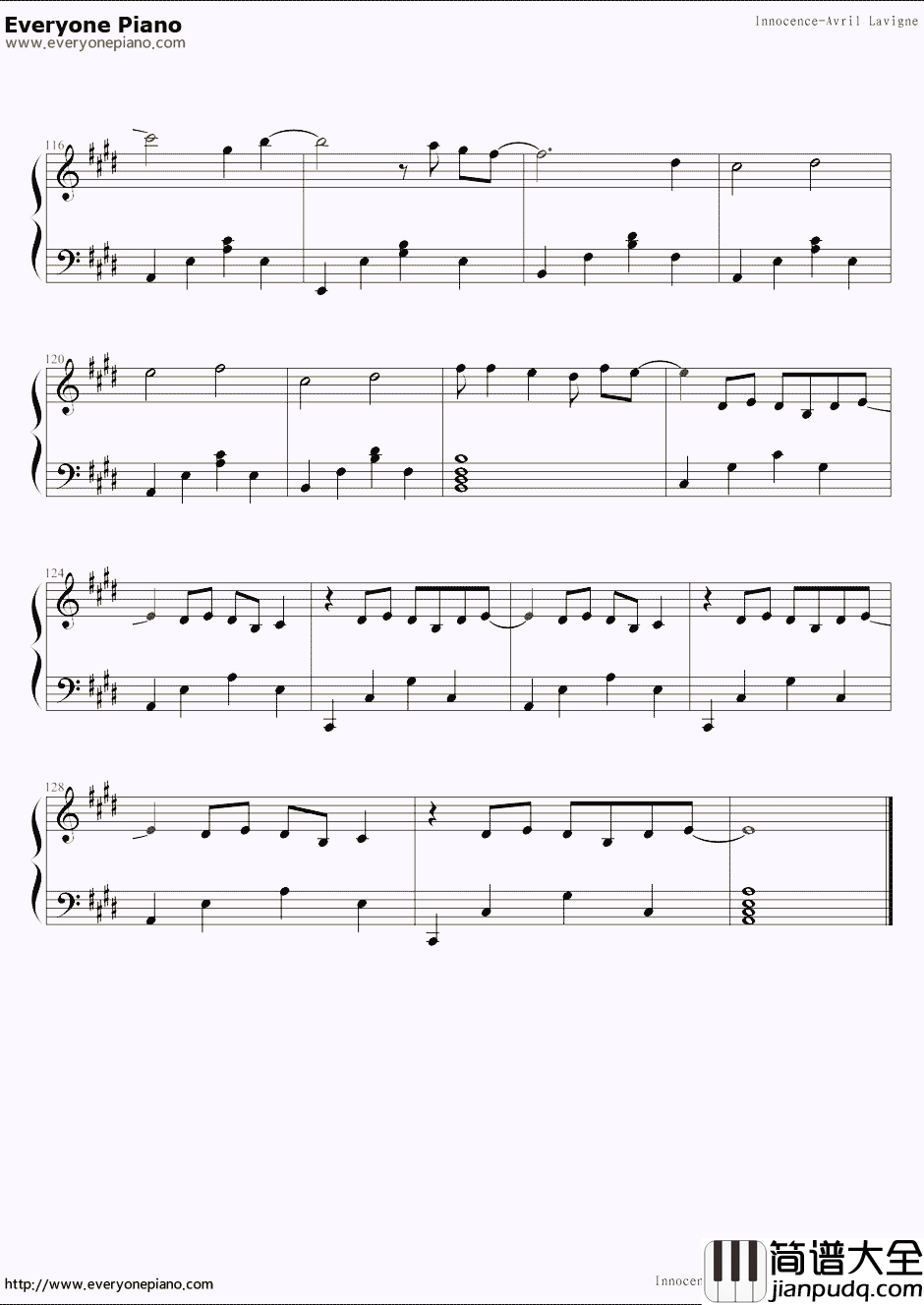 Innocence钢琴谱_Avril_Lavigne艾薇儿·拉维妮