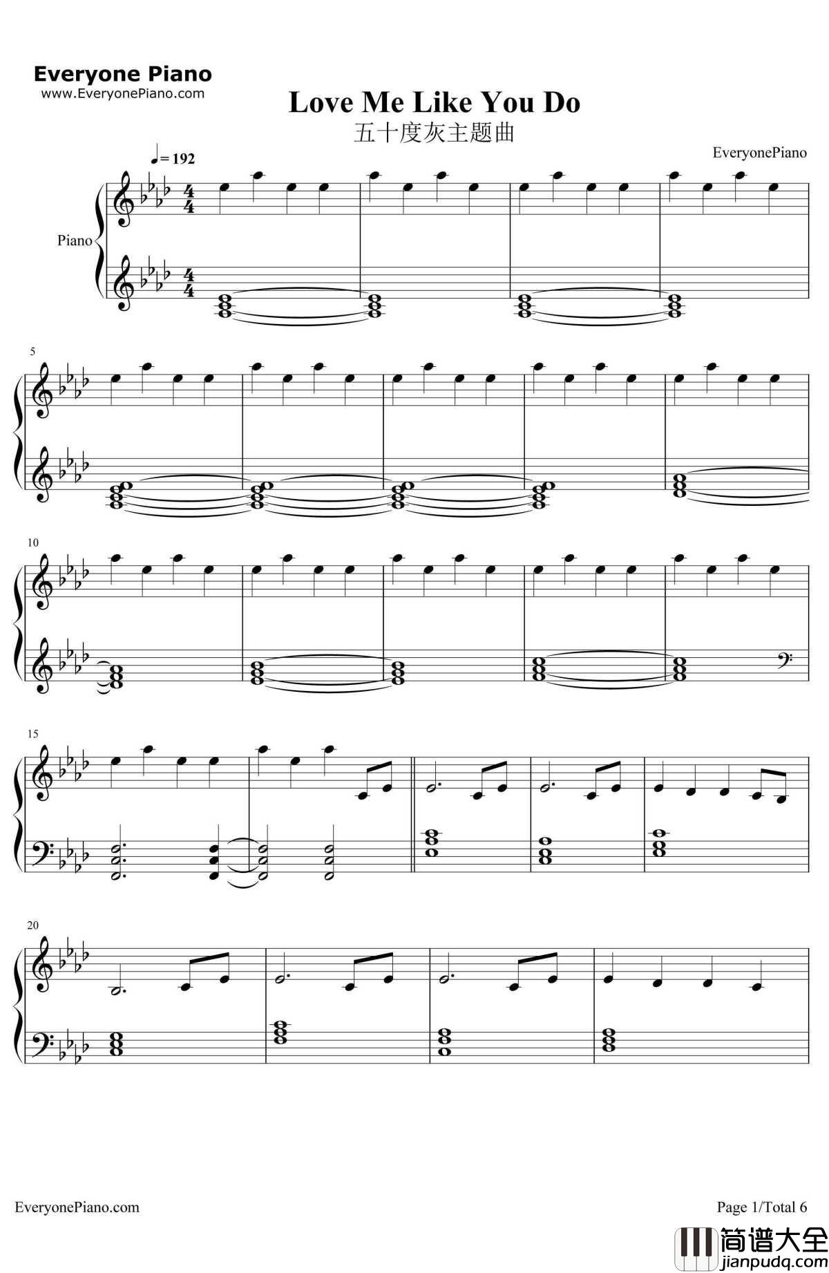 Love_Me_Like_You_Do钢琴谱_EllieGoulding_五十度灰主题曲