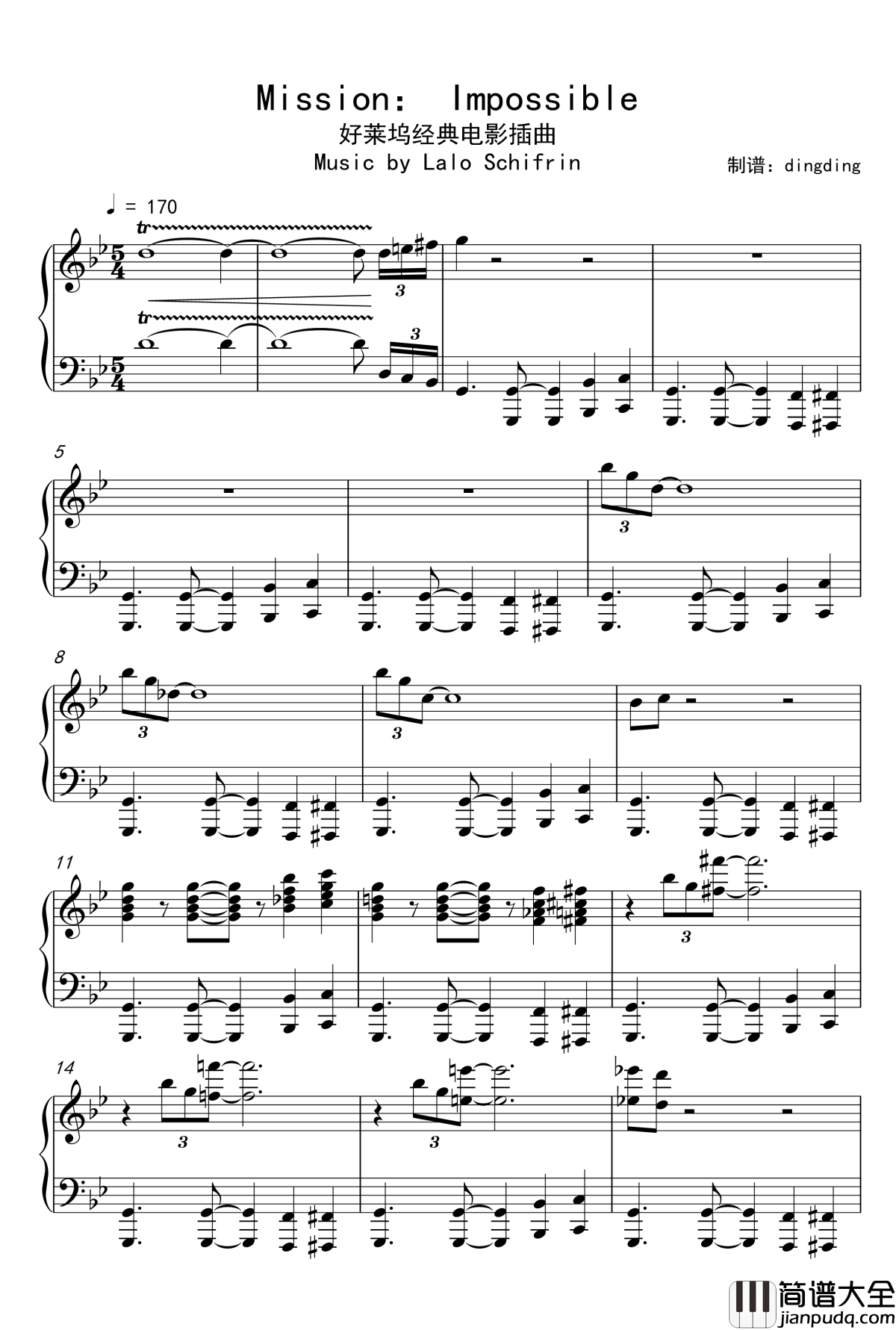 Mission：_Impossible好莱坞电影插曲钢琴谱_Lalo_Schifrin