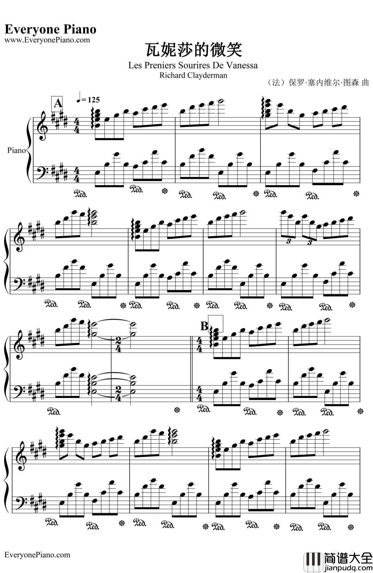 瓦妮莎的微笑钢琴谱_理查德.克莱德曼RichardClayderman