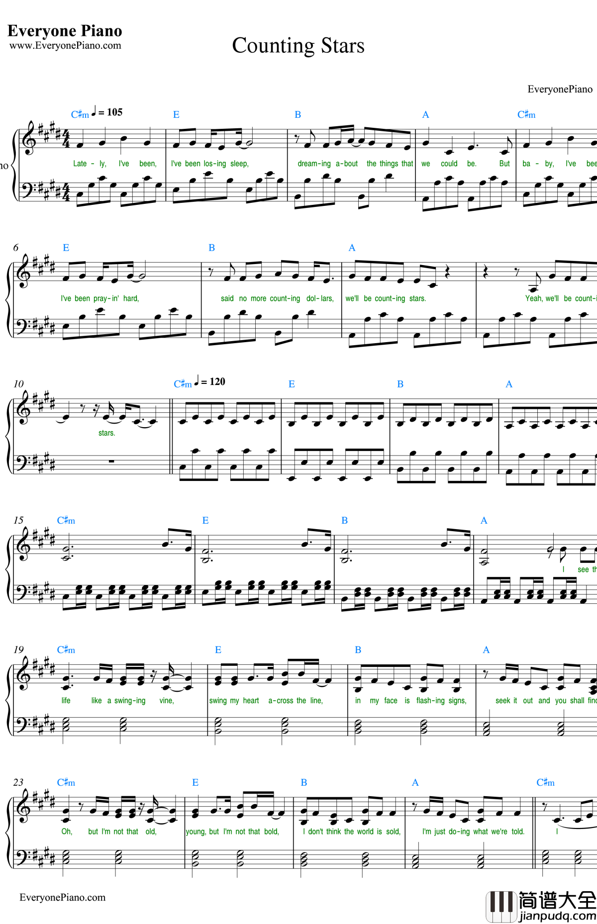CountingStars钢琴谱_OneRepublic