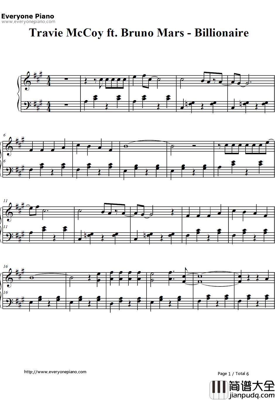 Billionaire钢琴谱_Travie_McCoy_ft.Bruno_Mars