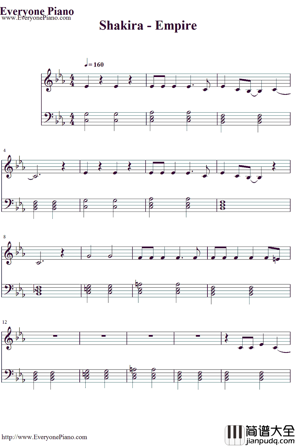 Empire钢琴谱_Shakira