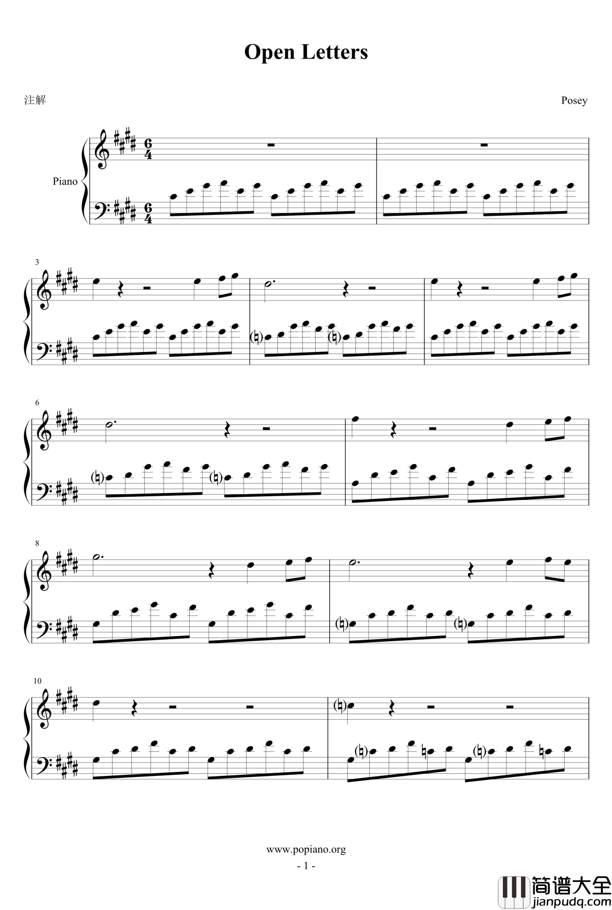 Open_Letters钢琴谱_Dustin_O&_amp_apos_Halloran