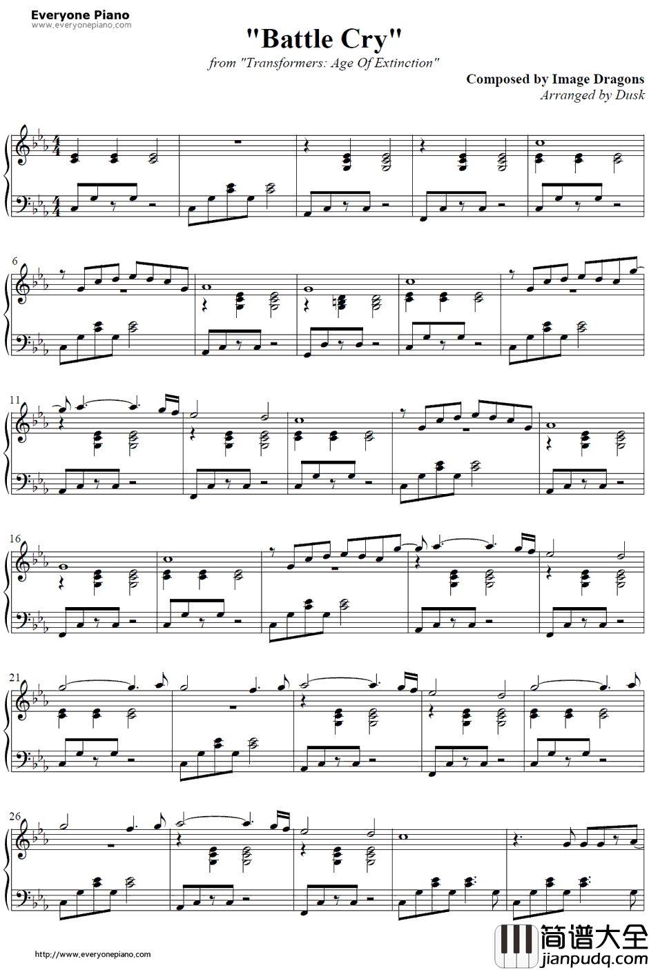 Battle_Cry钢琴谱_ImagineDragons_变形金刚4：绝迹重生主题曲