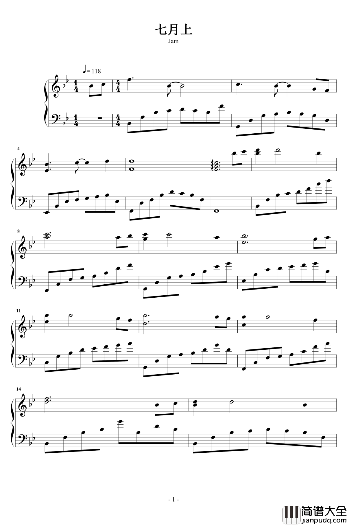 七月上钢琴谱_原声独奏_jam