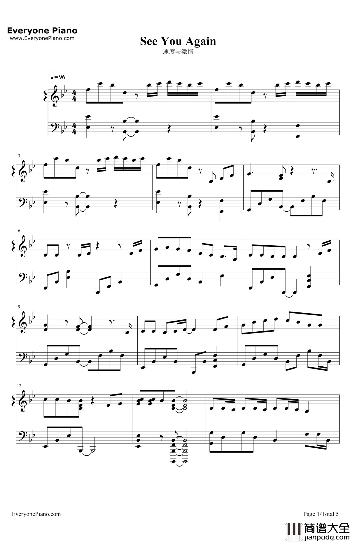 SeeYouAgain钢琴谱_WizKhalifaCharliePuth_速度与激情7主题曲