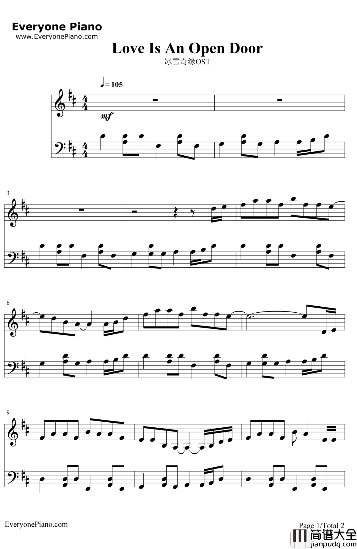 LoveIsAnOpenDoor钢琴谱_KristenBell&SantinoFontana_冰雪奇缘OST