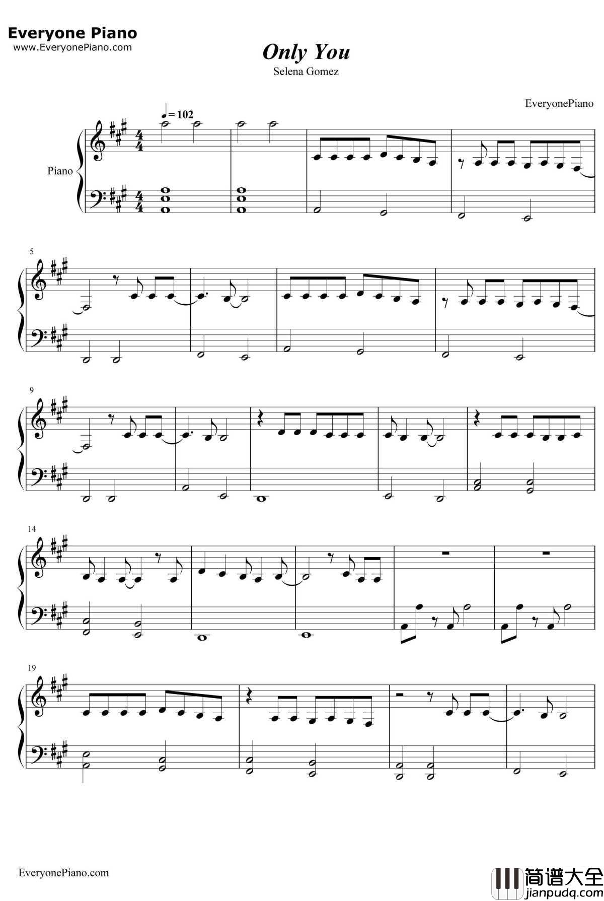 Only_You钢琴谱_SelenaGomez_十三个原因OST
