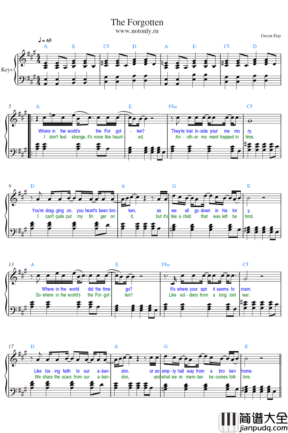 The_Forgotten钢琴谱_GreenDay_暮光之城4破晓下主题曲