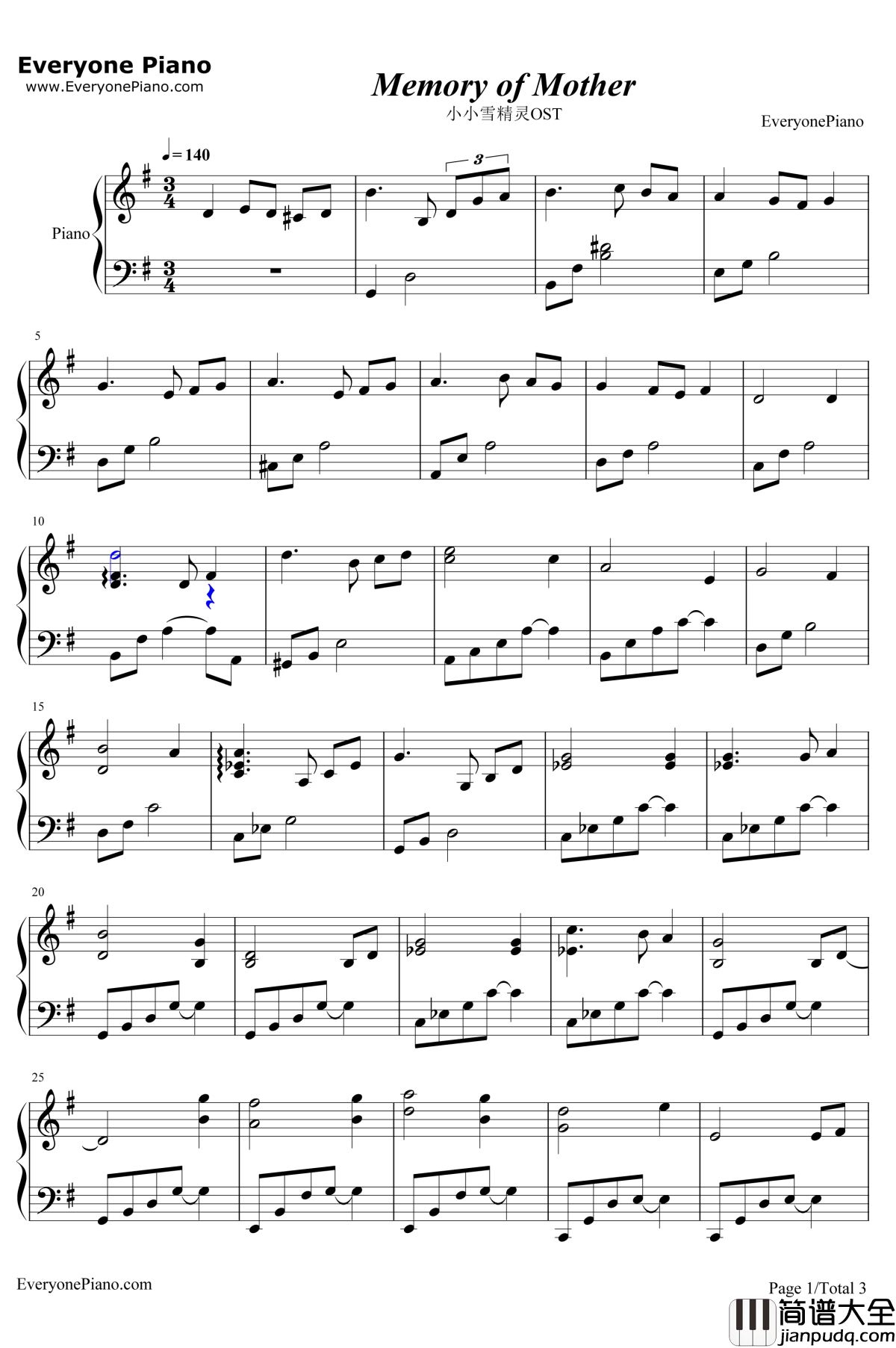 Memory_of_Mother钢琴谱_光宗信吉_小小雪精灵OST