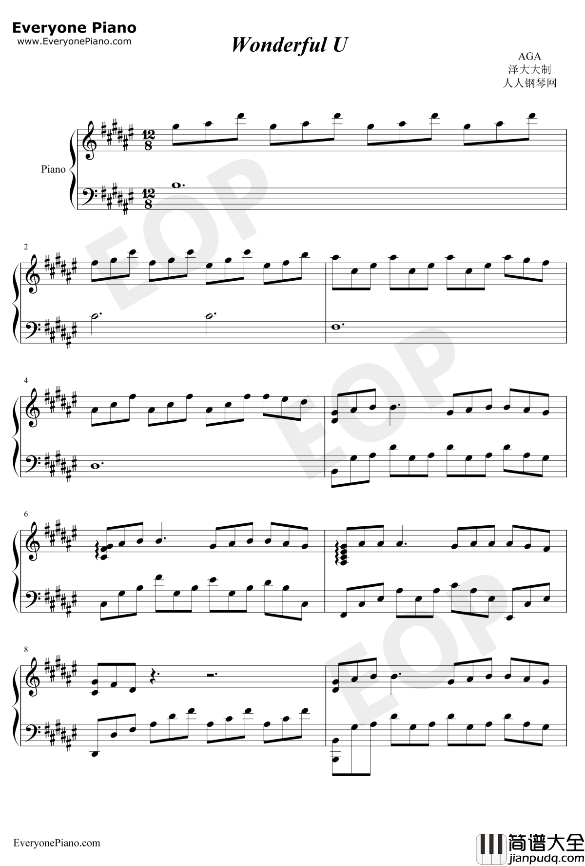 Wonderful_U钢琴谱_AGA_完美独奏版