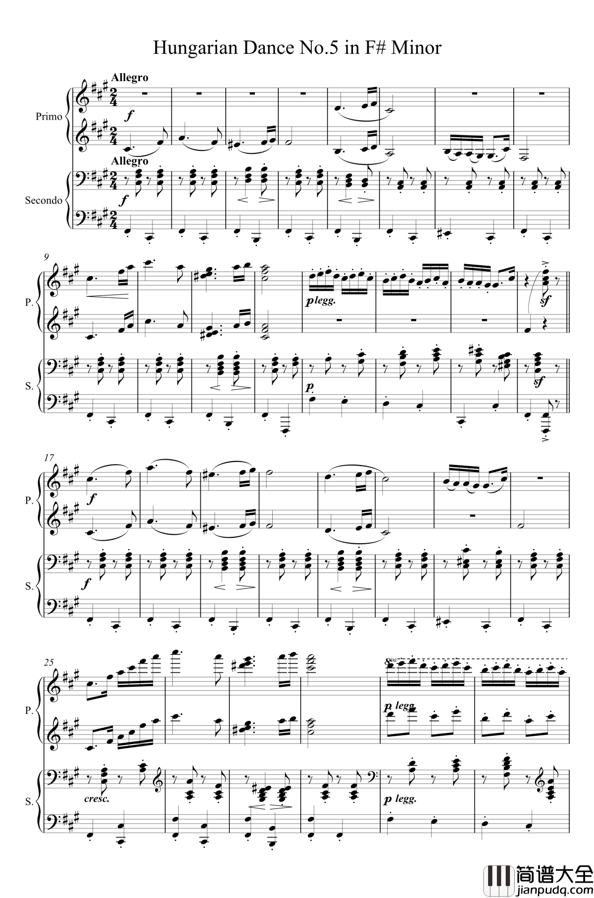匈牙利舞曲第五号钢琴谱_四手联弹_勃拉姆斯