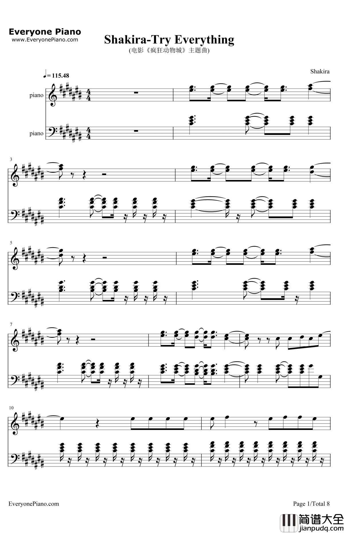 TryEverything钢琴谱_Shakira_疯狂动物城主题曲