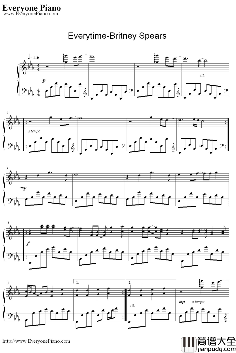 Everytime钢琴谱_布兰妮·斯皮尔斯（BritneySpears）_布兰妮·斯皮尔斯（BritneySpears）