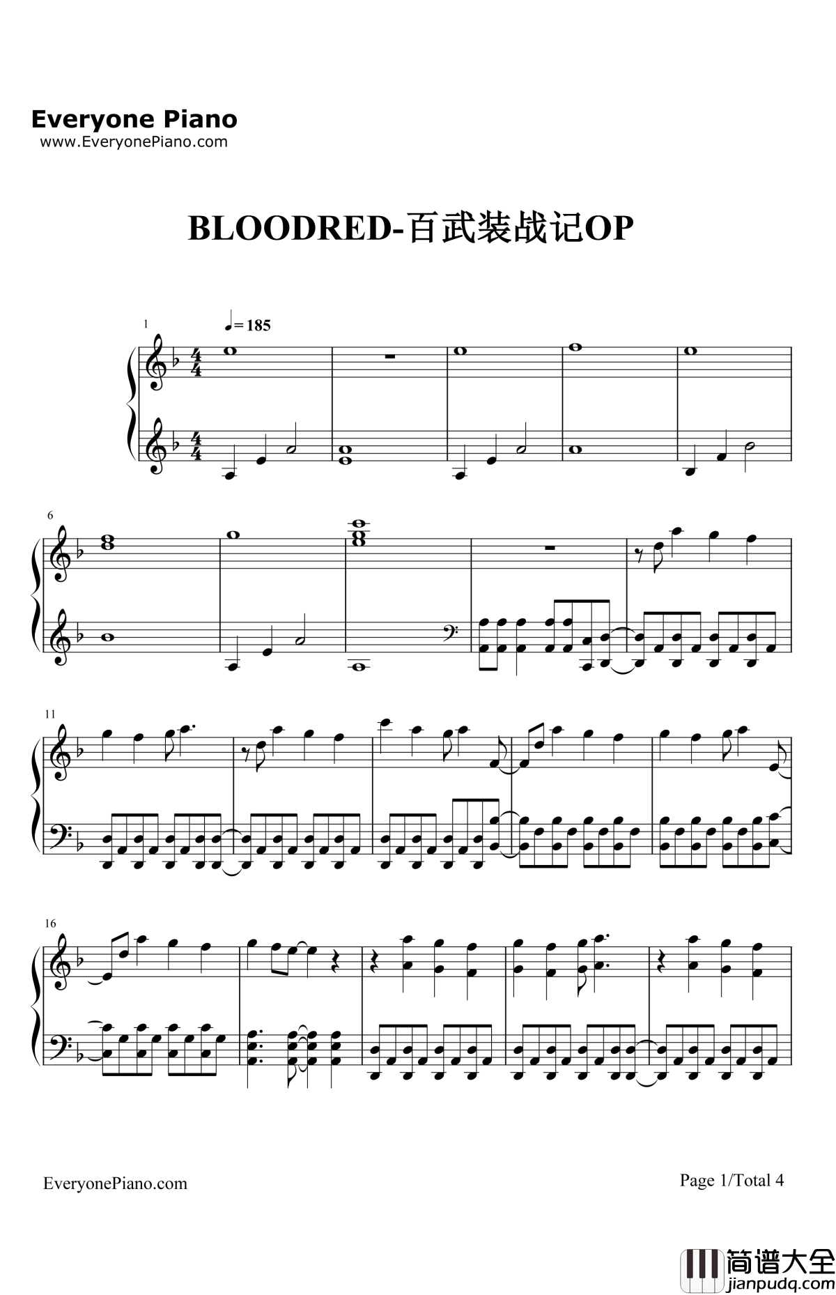 Bloodred钢琴谱_D_Selections_百武装战记OP