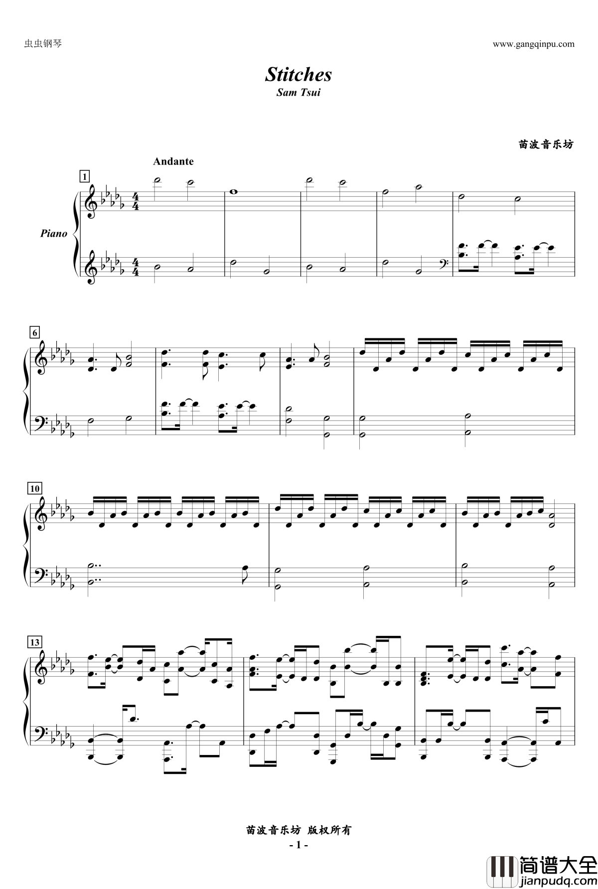 Stitches钢琴谱_Sam_Tsui