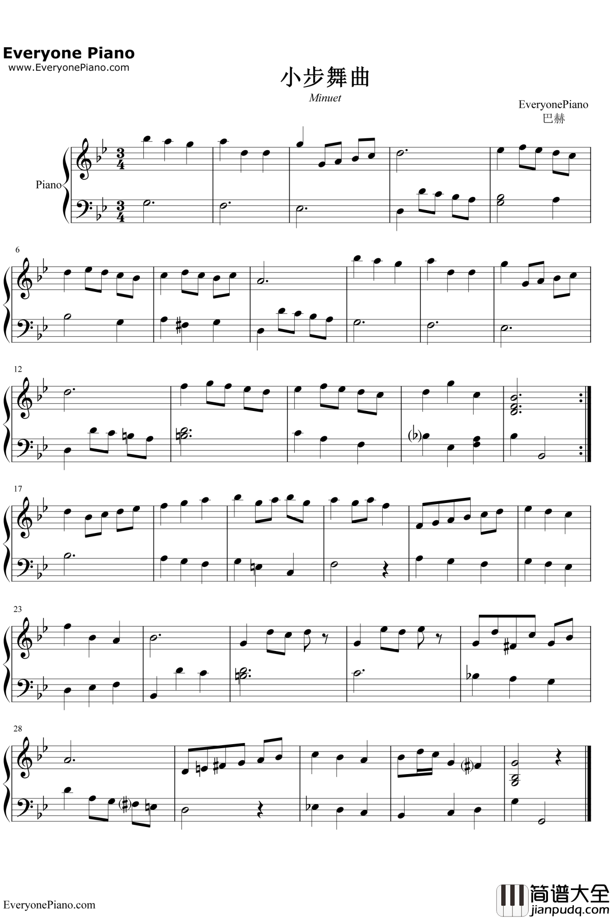 小步舞曲钢琴谱_巴赫_西欧舞曲