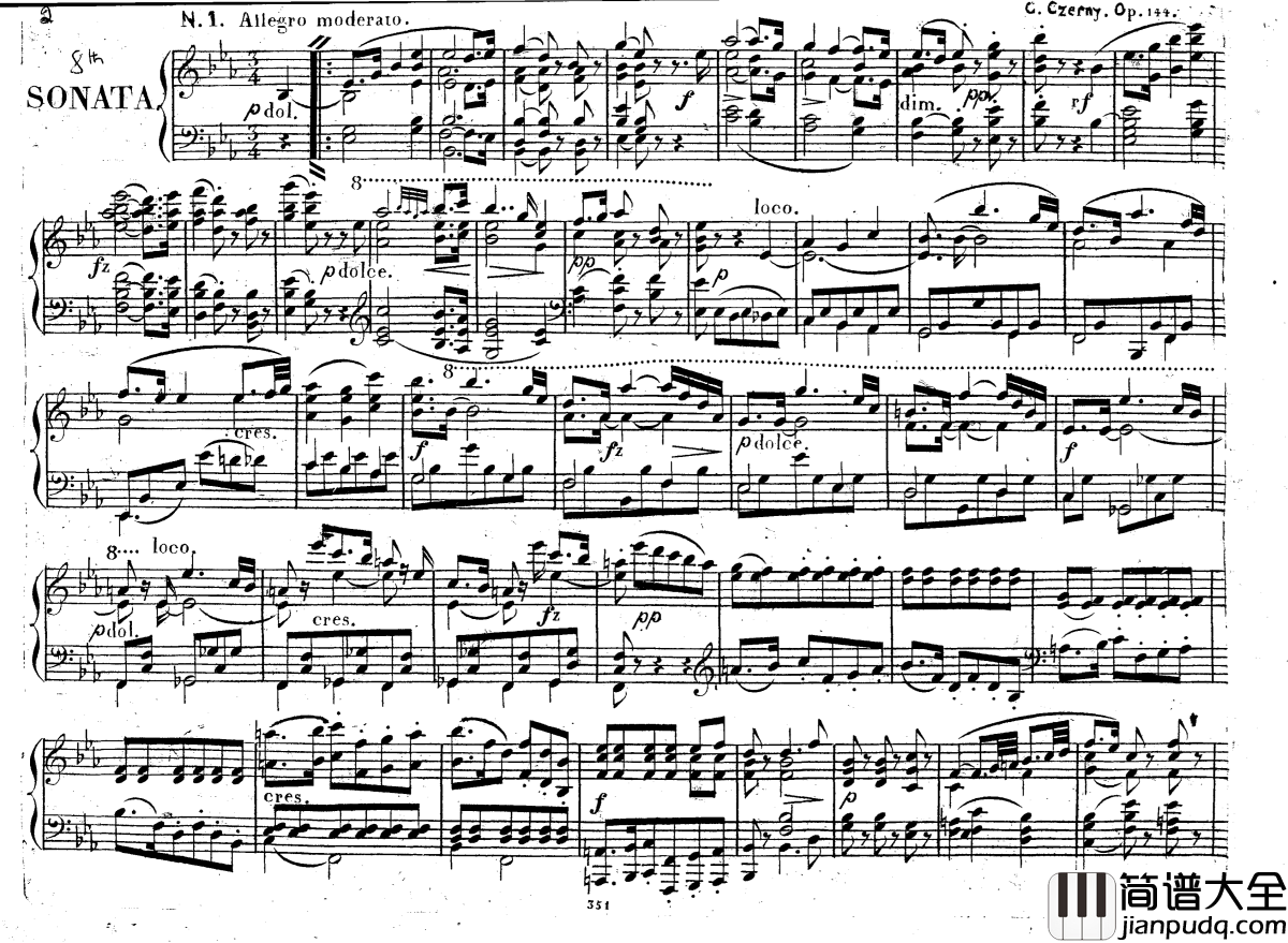 降E大调第八钢琴奏鸣曲_Op.144钢琴谱_车尔尼_Czerny