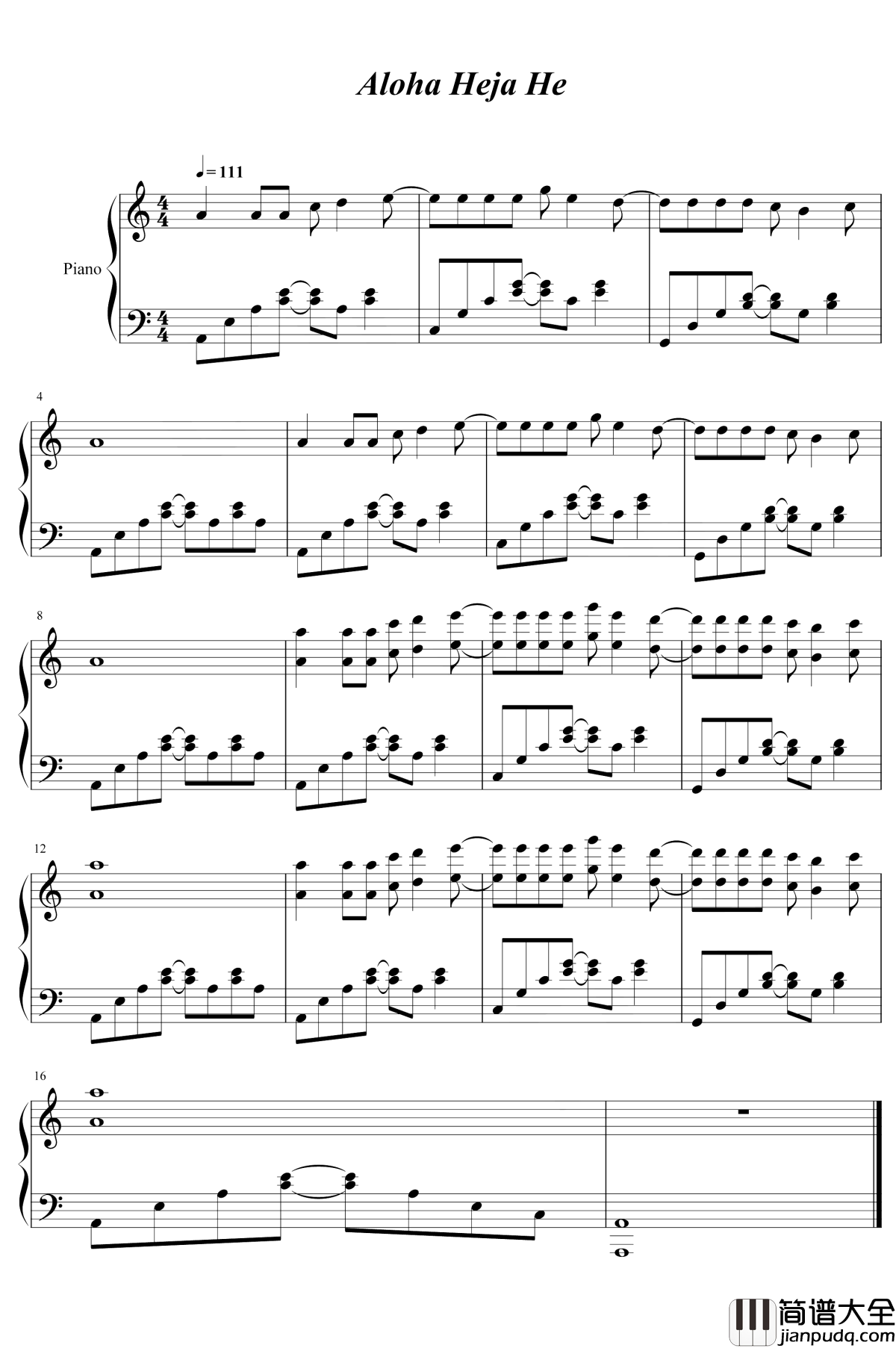 Aloha_Heja_He钢琴谱_Achim_Reichel_抖音热门歌曲，越听越洗脑