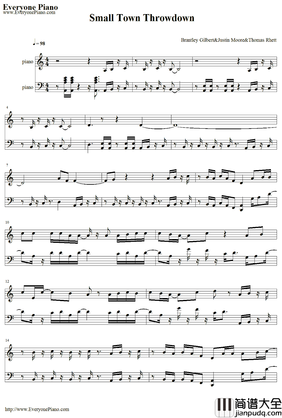 Small_Town_Throwdown钢琴谱_BrantleyGilbert