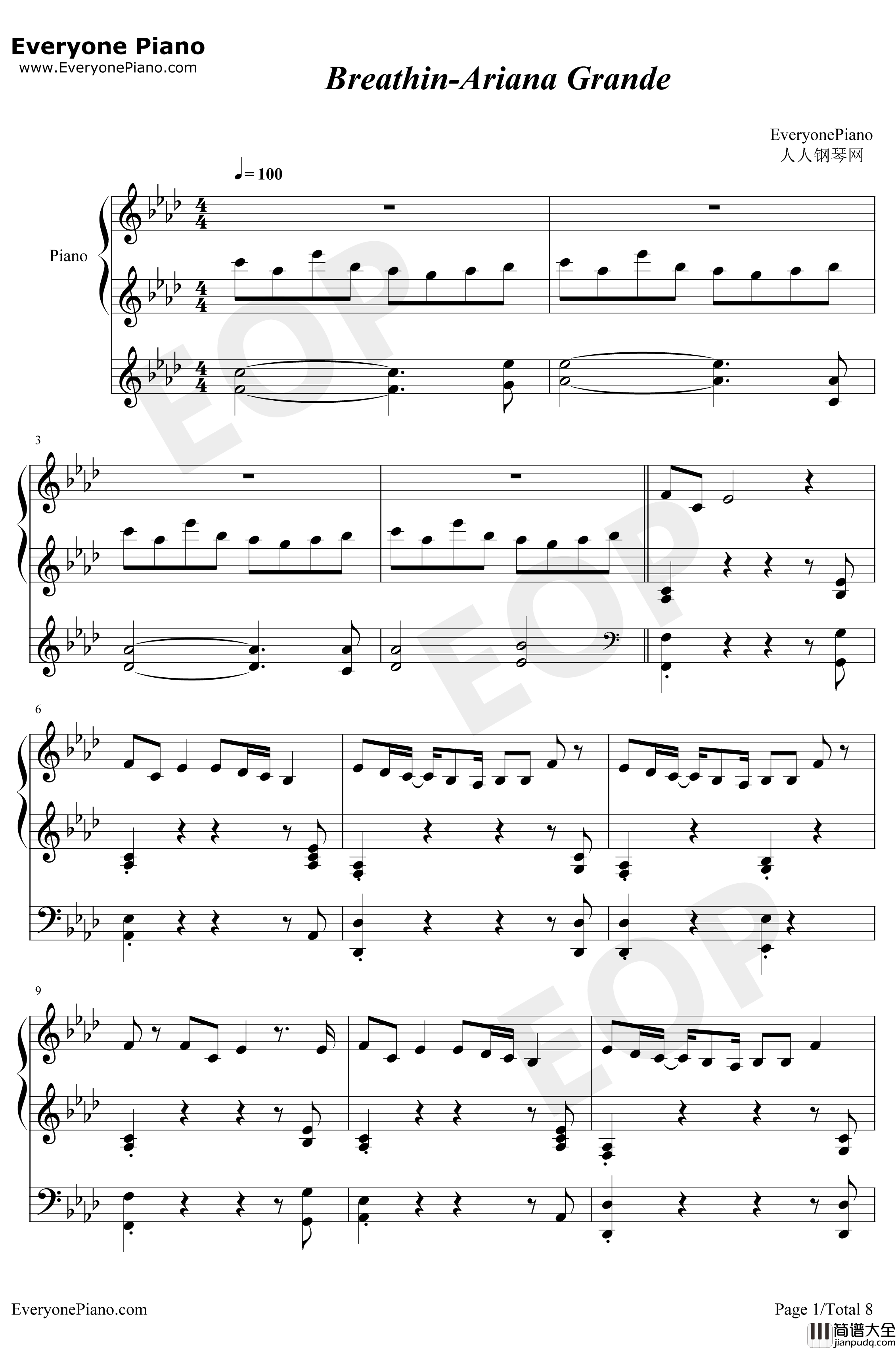 Breathin钢琴谱_ArianaGrande